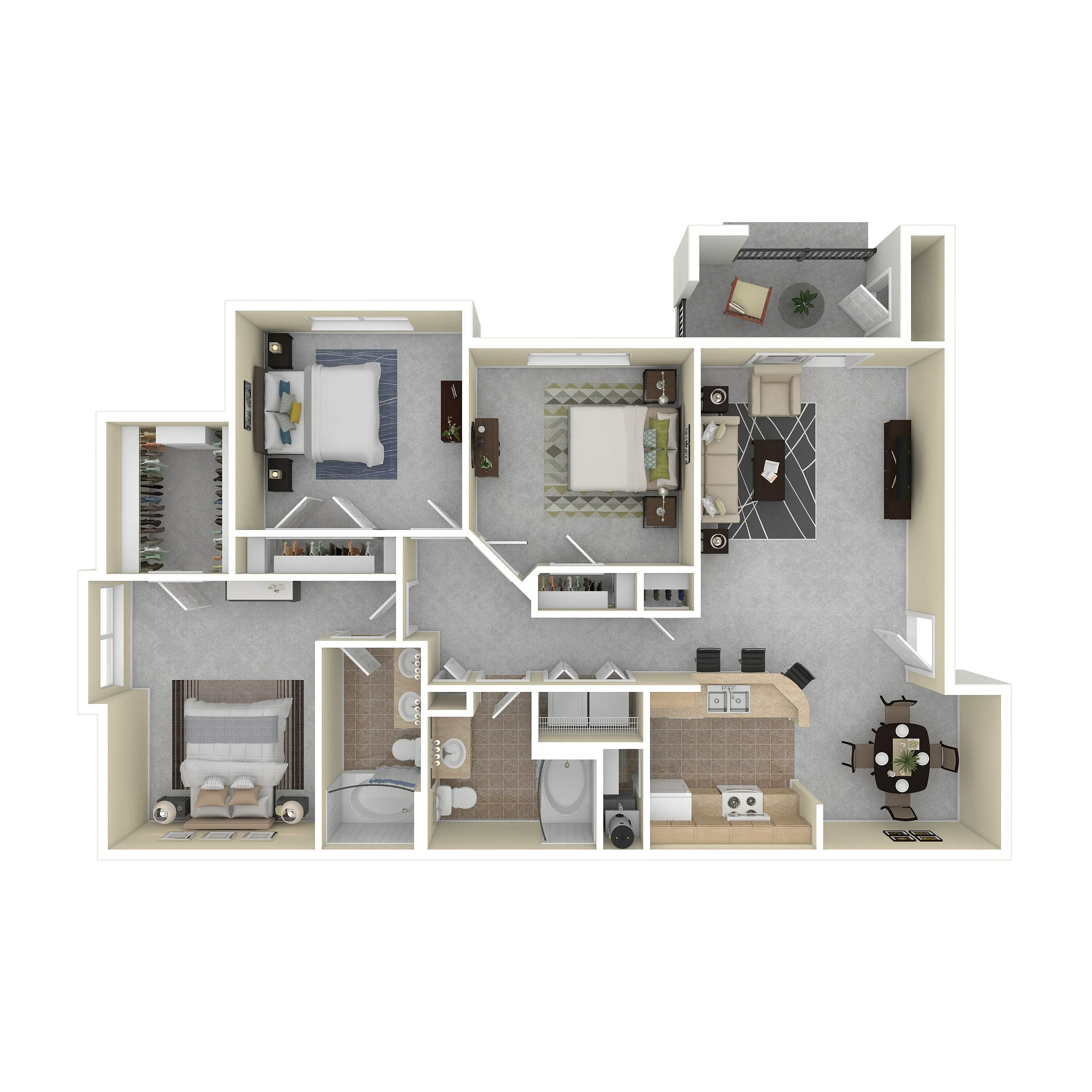 Charming 3D floor plan featuring three spacious bedrooms, a modern kitchen, cozy living area, and a stylish dining space.