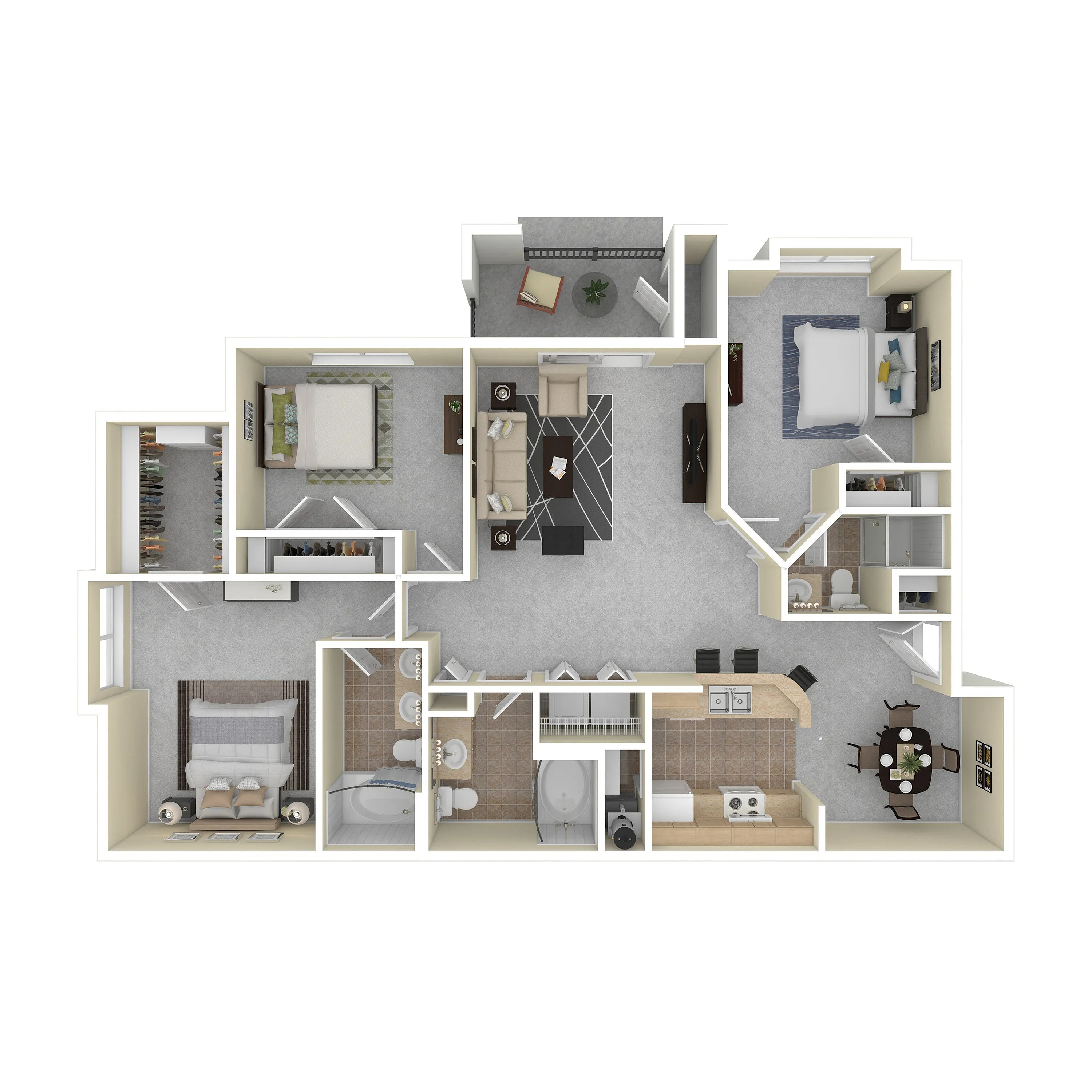 Modern 3D floor plan showcasing three bedrooms, a spacious open-concept living area, and a stylish kitchen, perfect for family living.