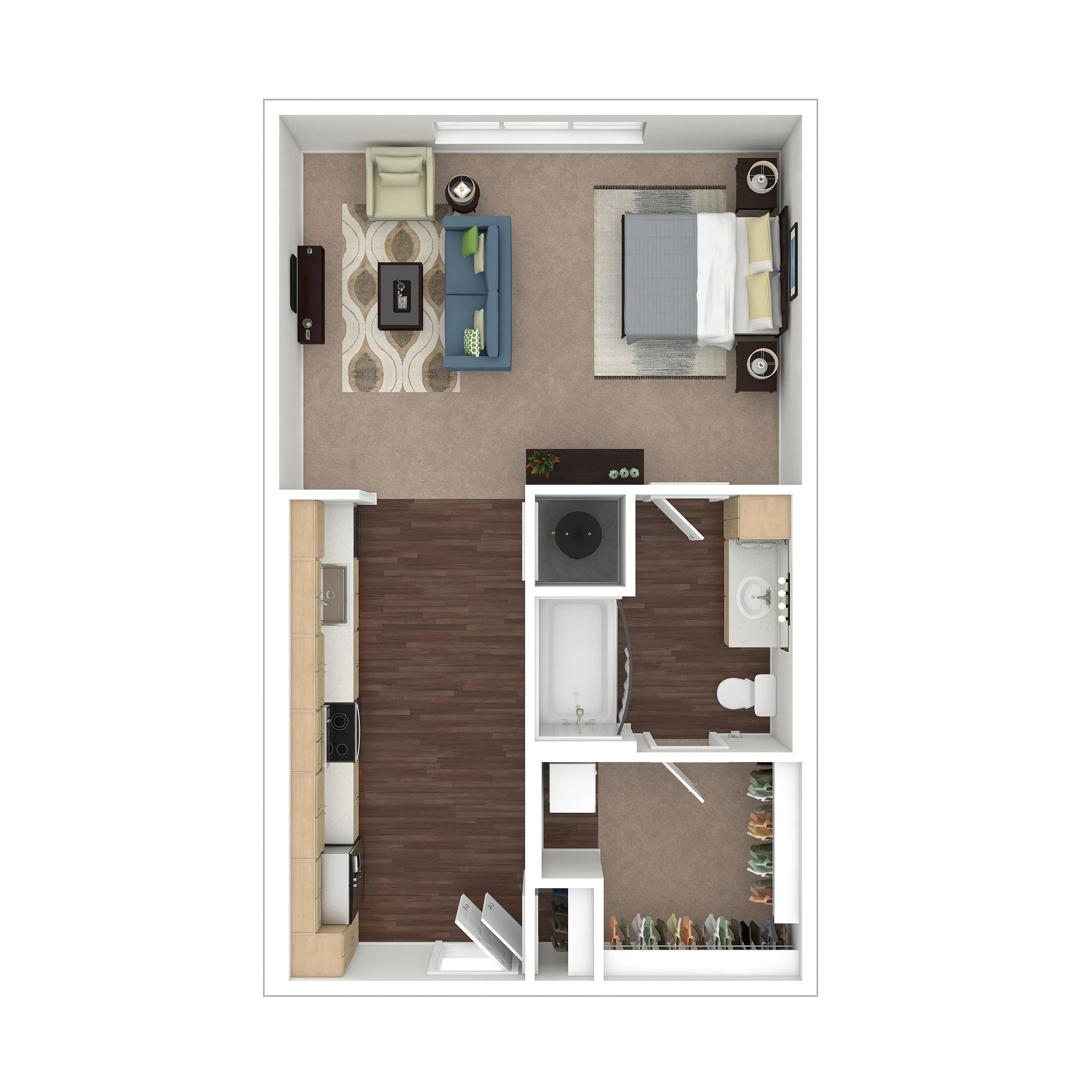 Modern apartment floor plan featuring a cozy bedroom, open living area, sleek kitchen, and a spacious walk-in closet.