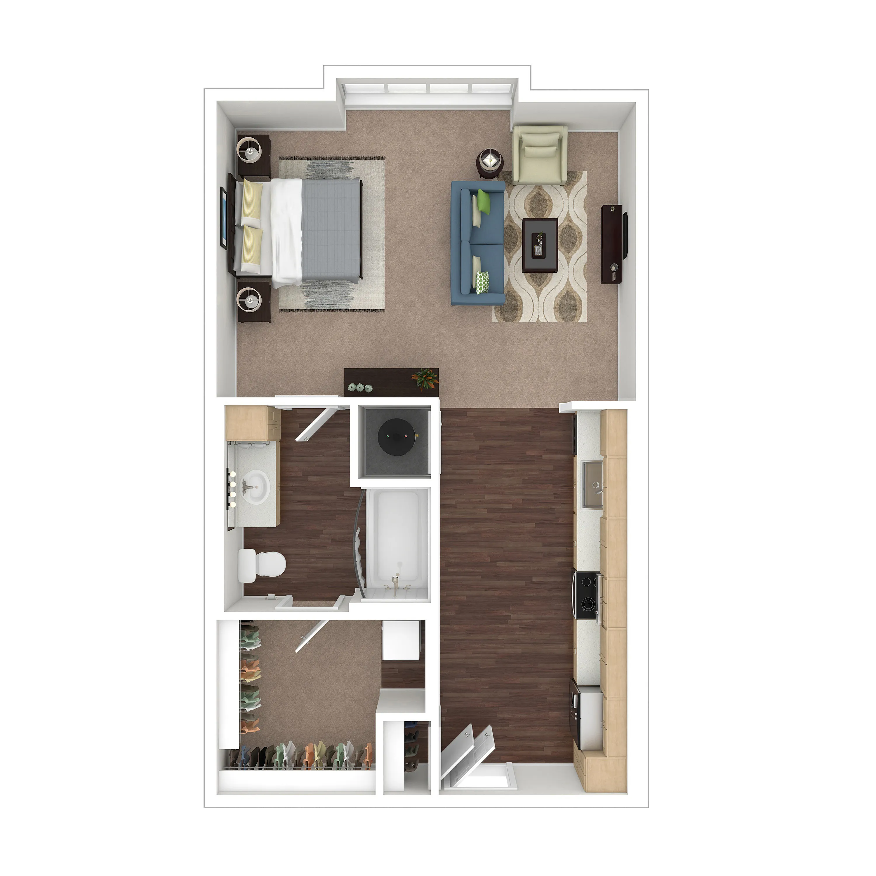 Contemporary 1-bedroom apartment floor plan featuring a cozy living room, modern kitchen, and spacious bathroom layout.