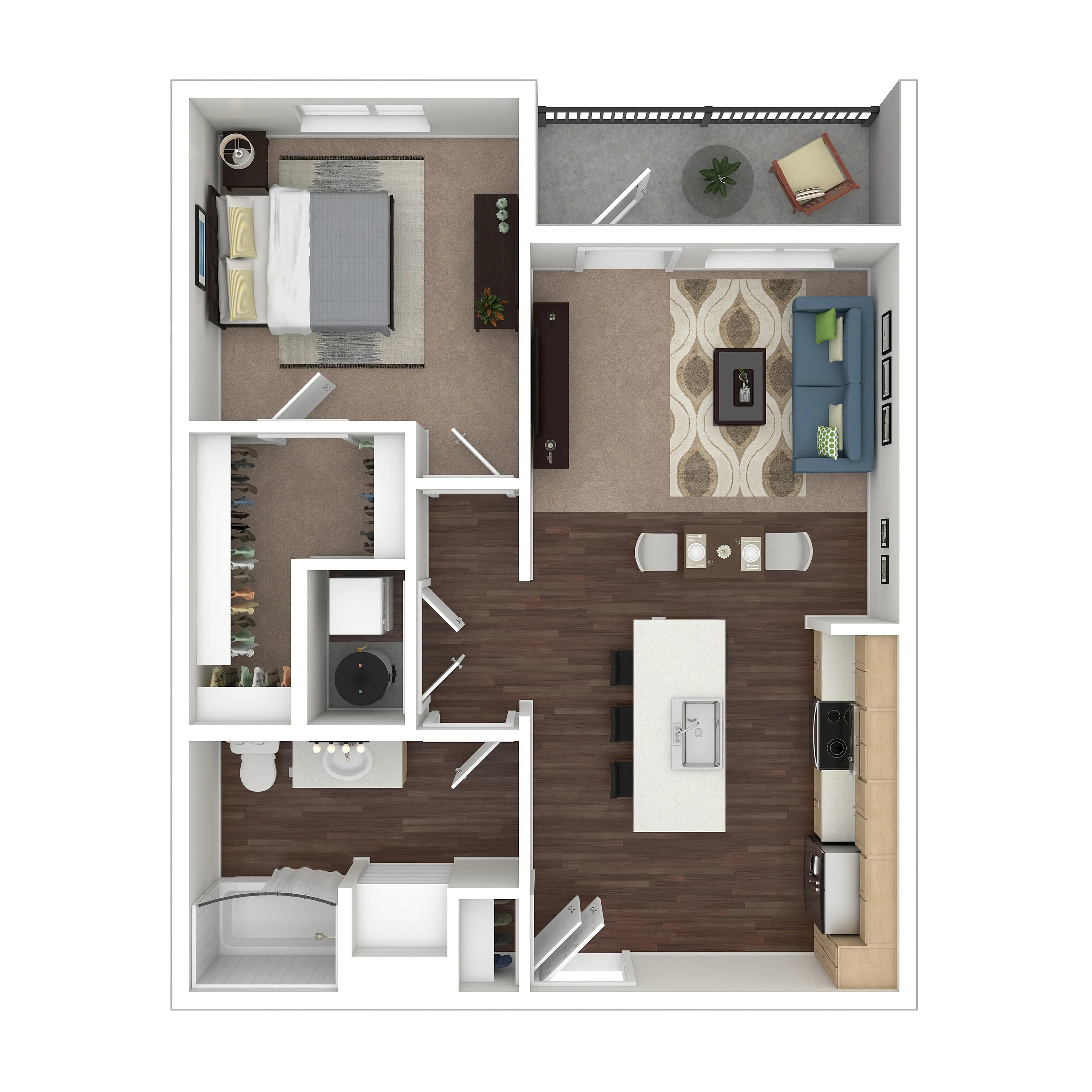 Modern 1-bedroom floor plan featuring an open living and dining area, sleek kitchen, spacious bedroom with walk-in closet, and a cozy balcony.