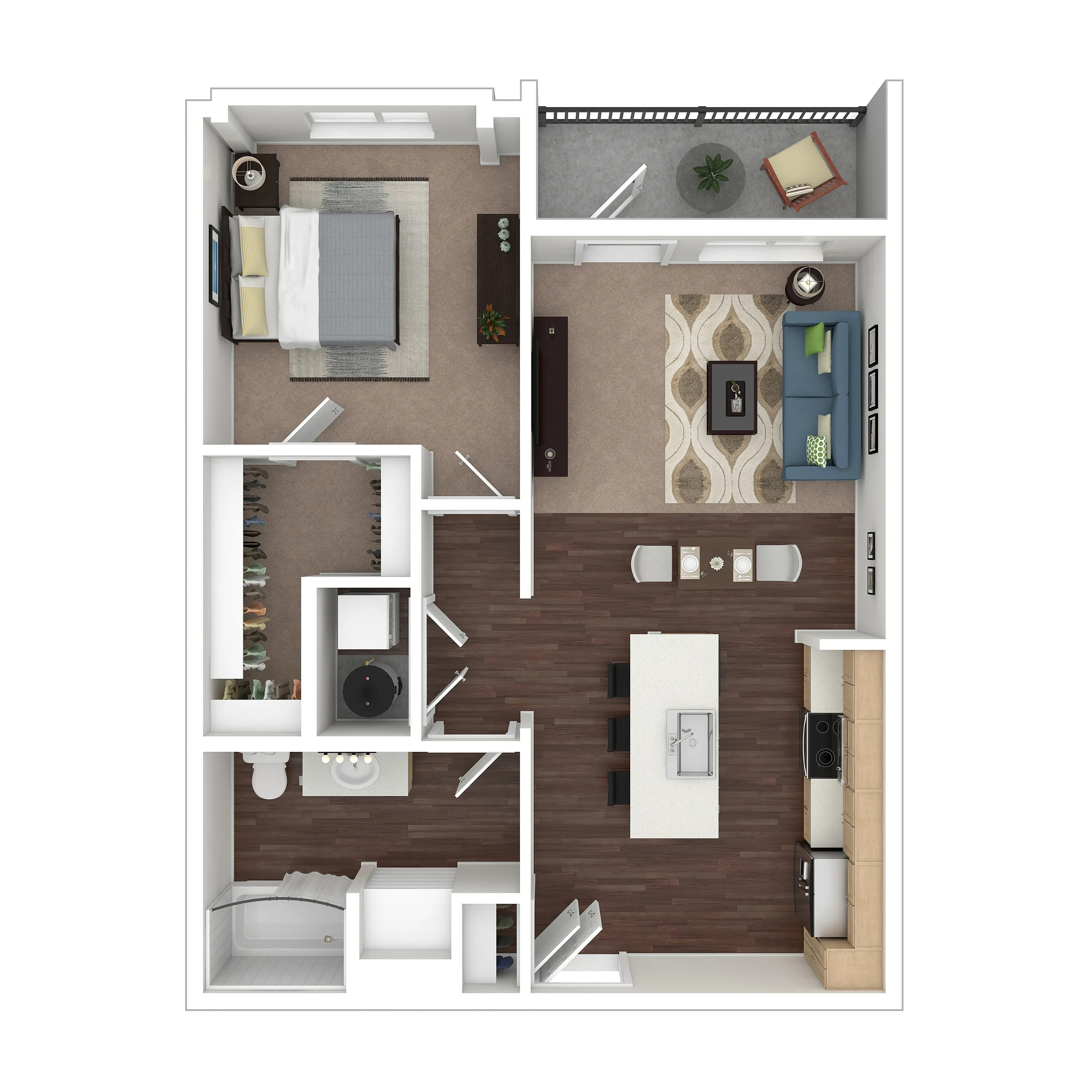 Modern 1-bedroom apartment floor plan with open-concept kitchen and living room, spacious bathroom, and inviting balcony.