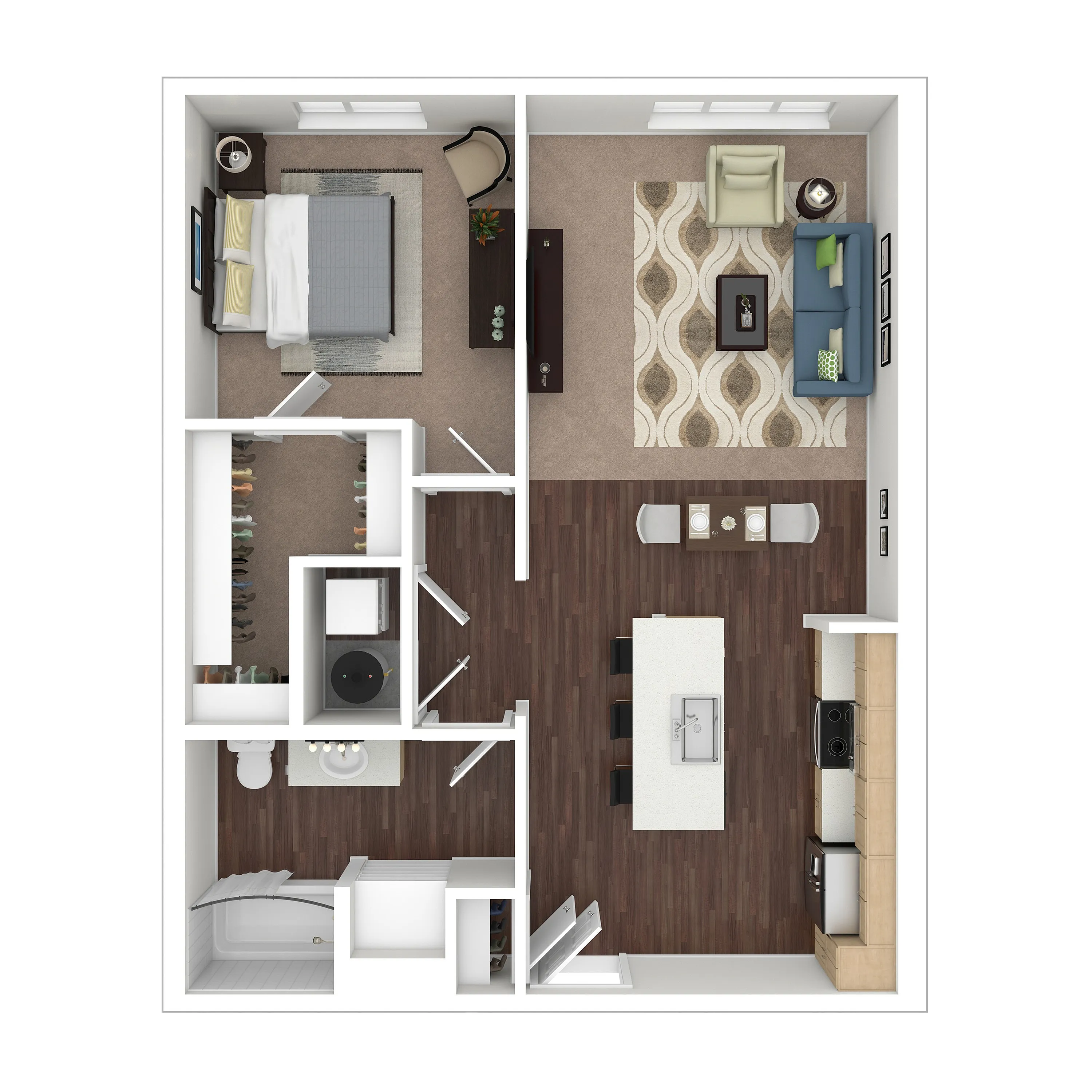 Elegant 1-bedroom apartment floor plan showcasing a cozy living area, modern kitchen, and spacious walk-in closet.