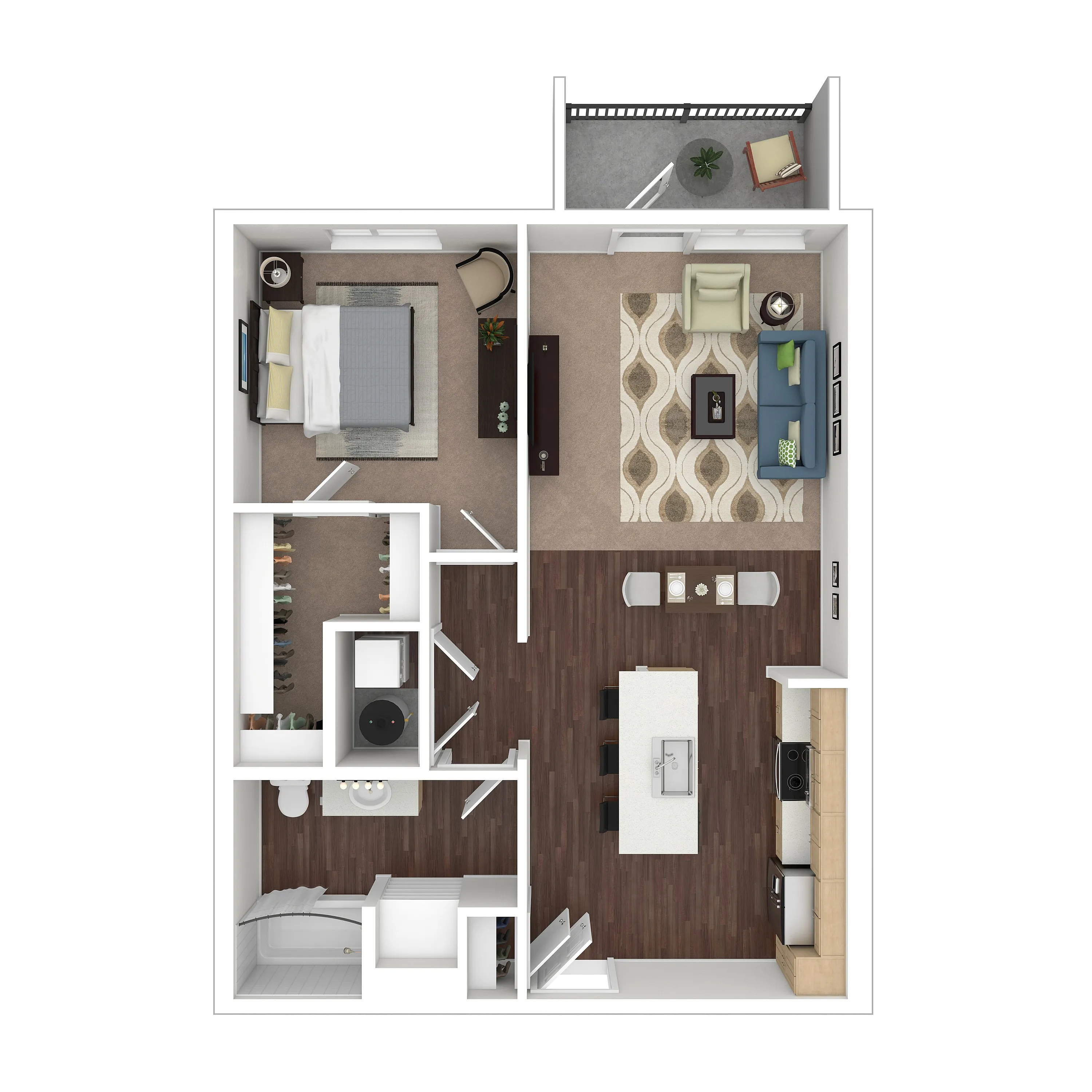 Modern 2D floor plan showcasing a sleek one-bedroom apartment with an inviting open-concept living area, stylish kitchen, and private balcony.