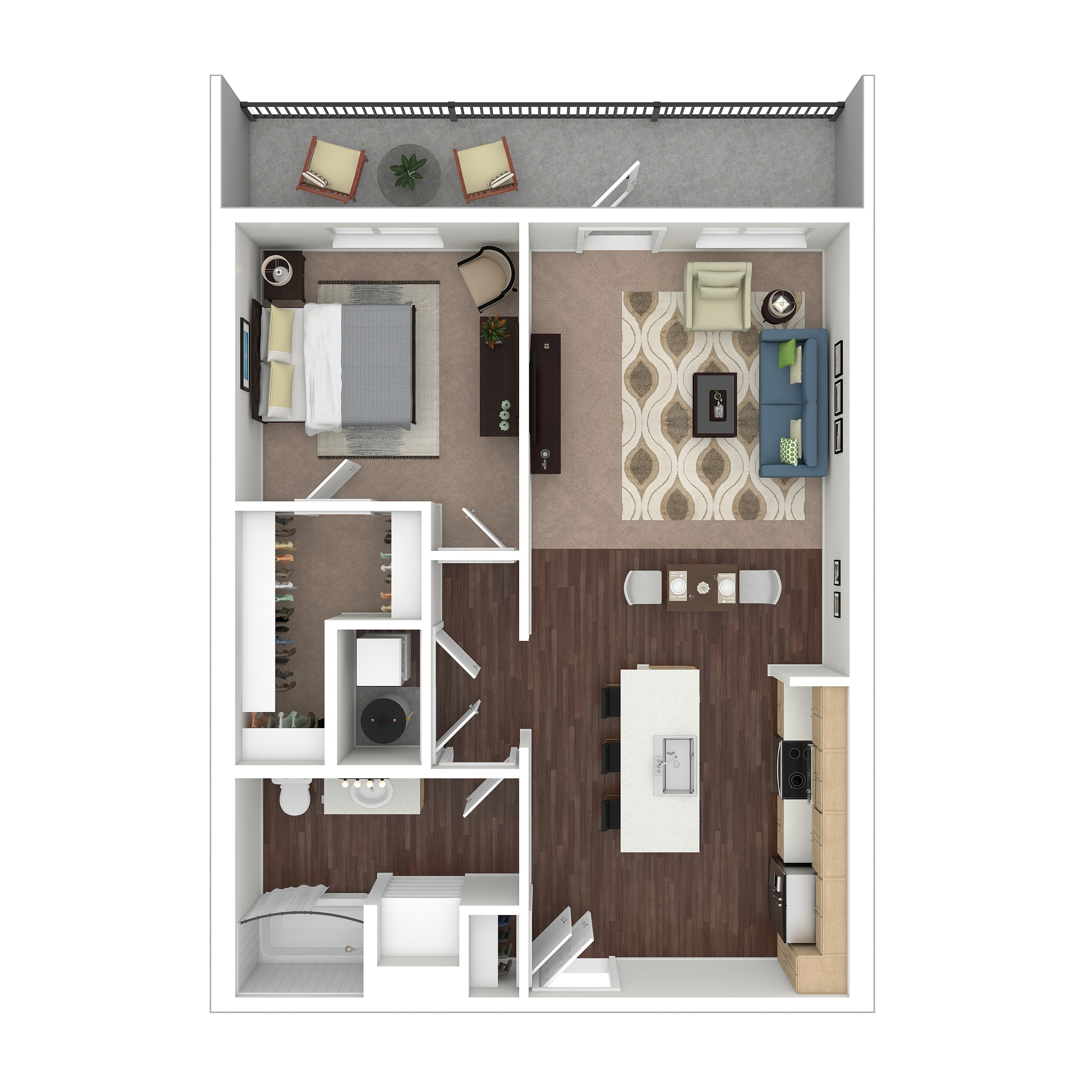 Modern floor plan showcasing a spacious 1-bedroom apartment with open-concept living area, sleek kitchen, and cozy private patio.