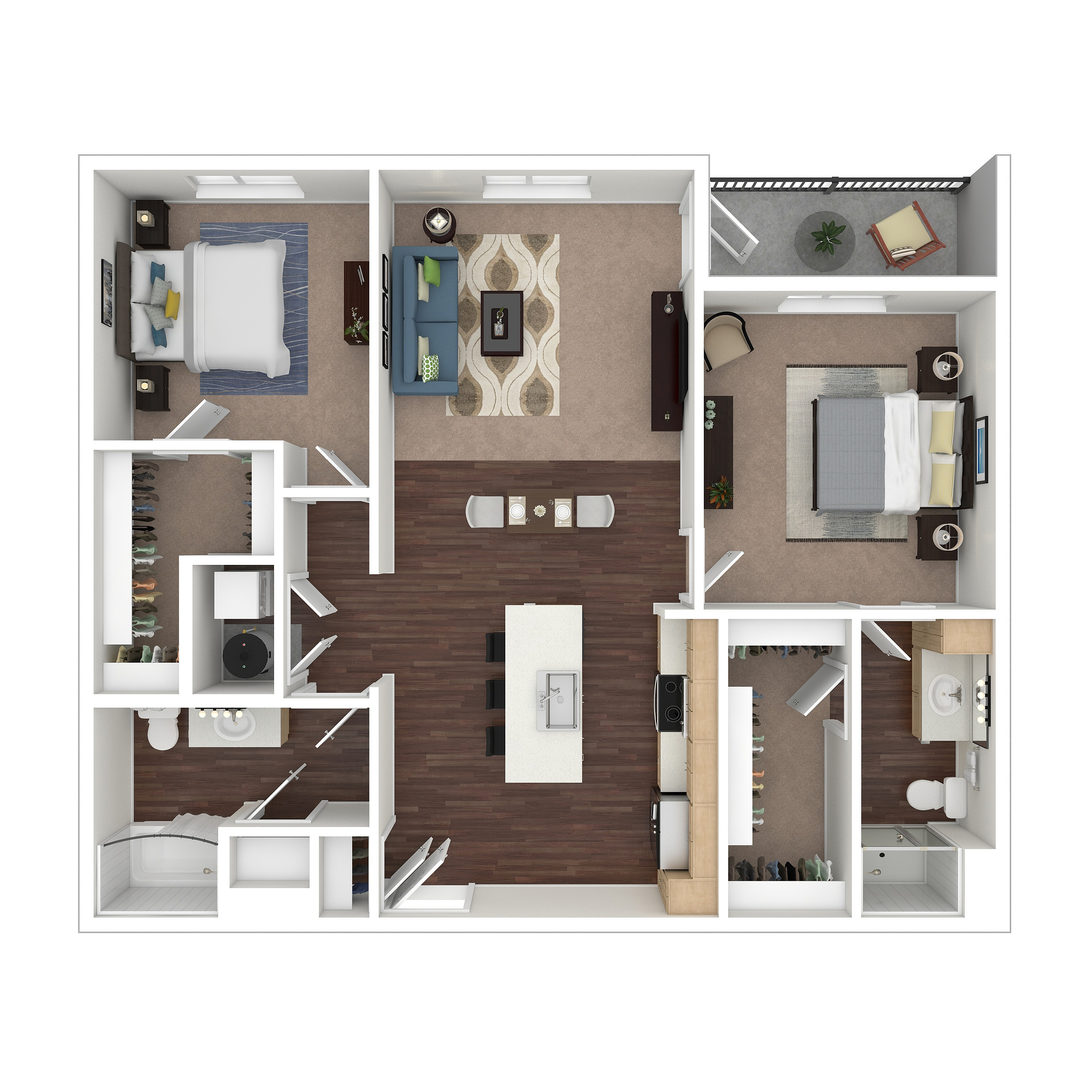 Chic 2D floor plan showcasing 2 spacious bedrooms, a modern kitchen, elegant living area, and two stylish bathrooms.