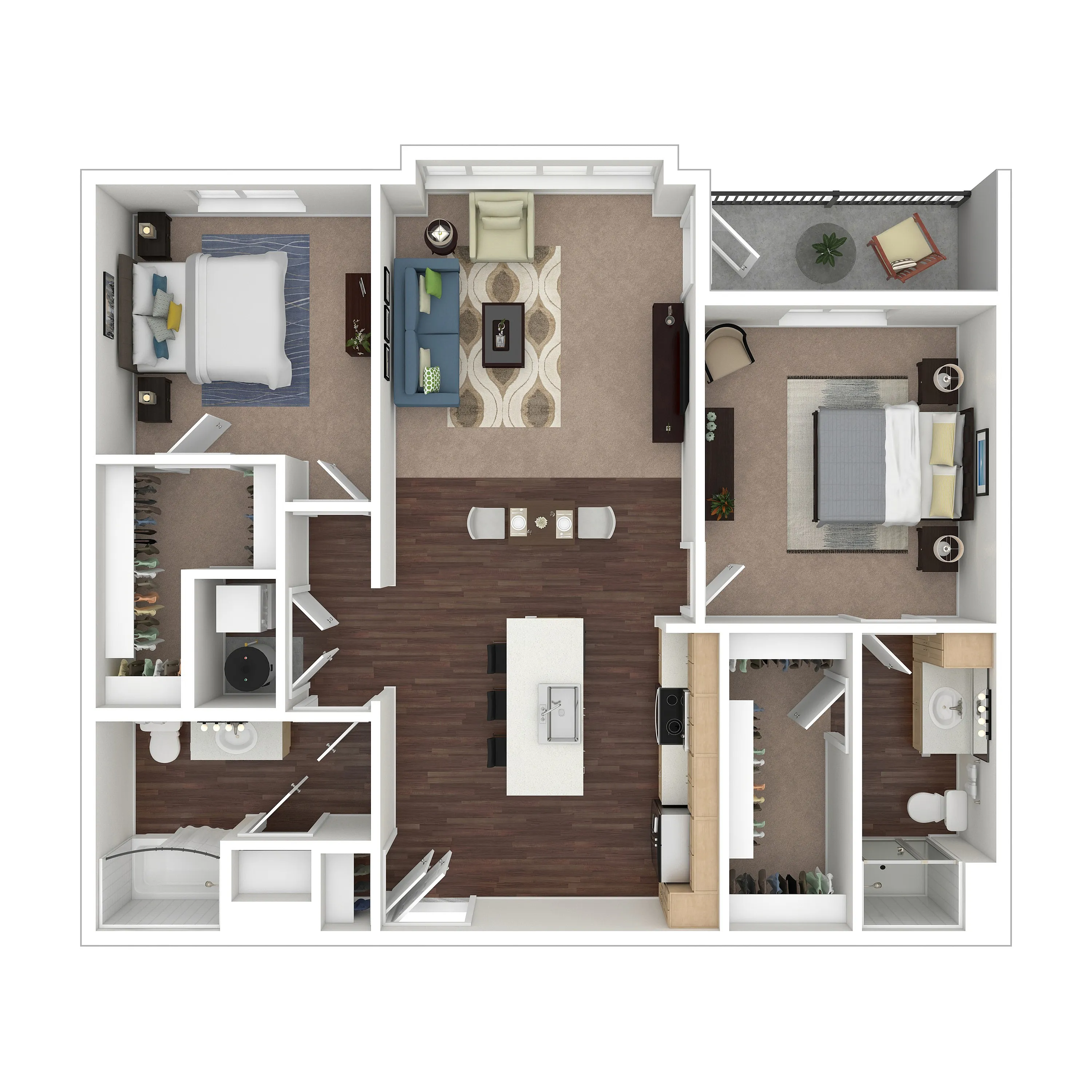 Modern floor plan showcasing 2 cozy bedrooms, a spacious living room, contemporary kitchen with island, and stylish balcony for relaxing.