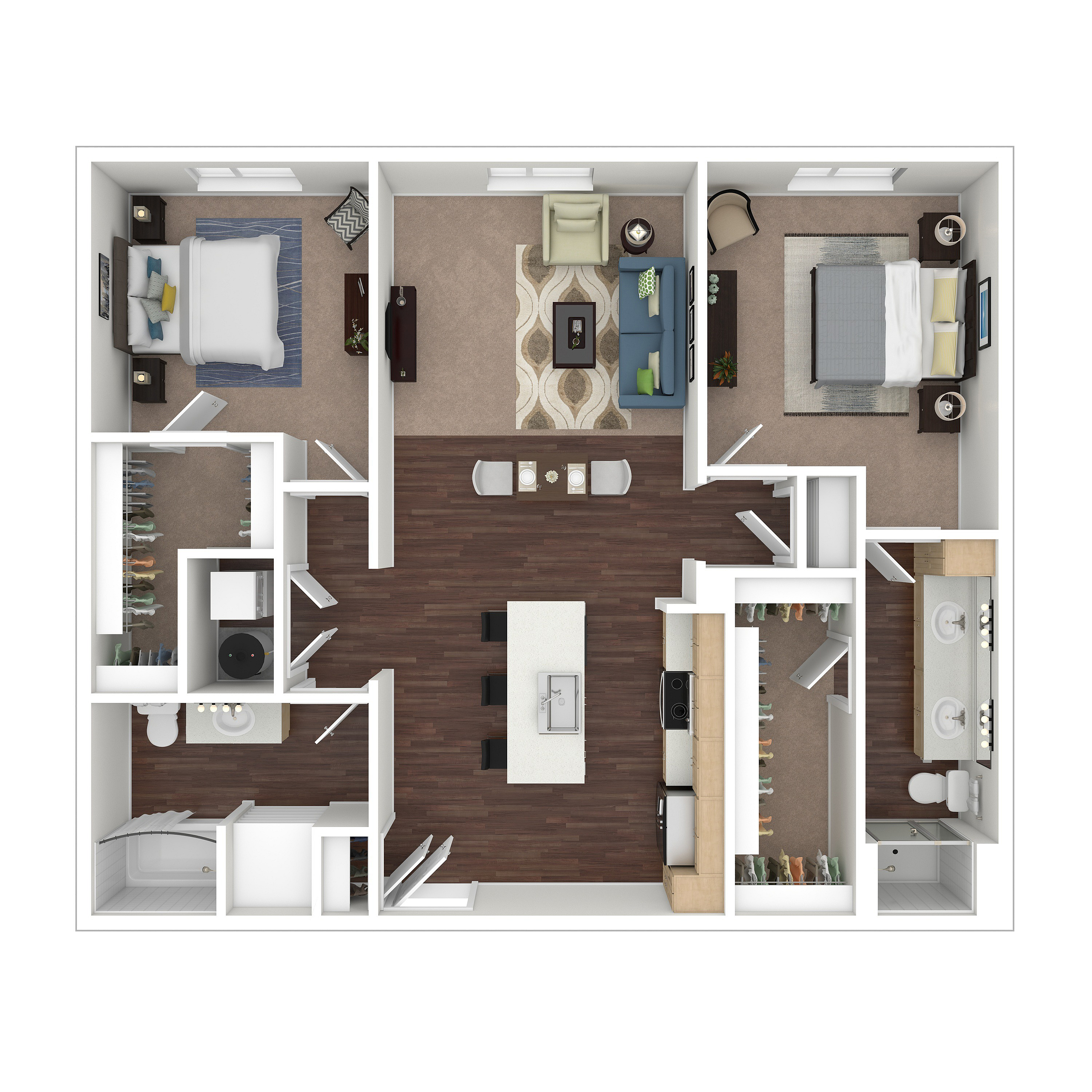 Modern 3D floor plan showcasing a chic layout with two bedrooms, a spacious open-concept living and dining area, stylish kitchen, and two bathrooms.