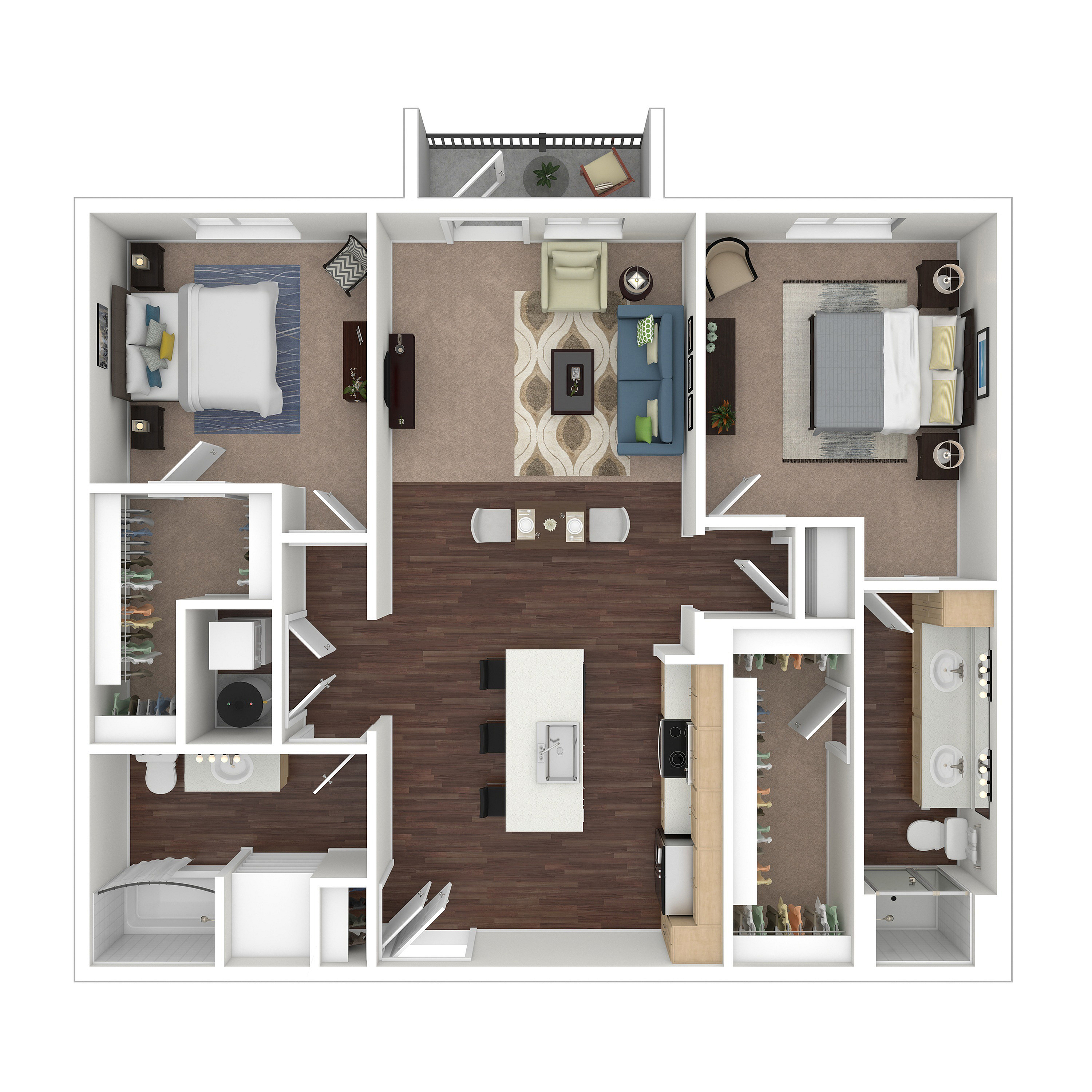 Modern 3D floor plan featuring two spacious bedrooms, open-concept living area, sleek kitchen with island, and a stylish balcony.