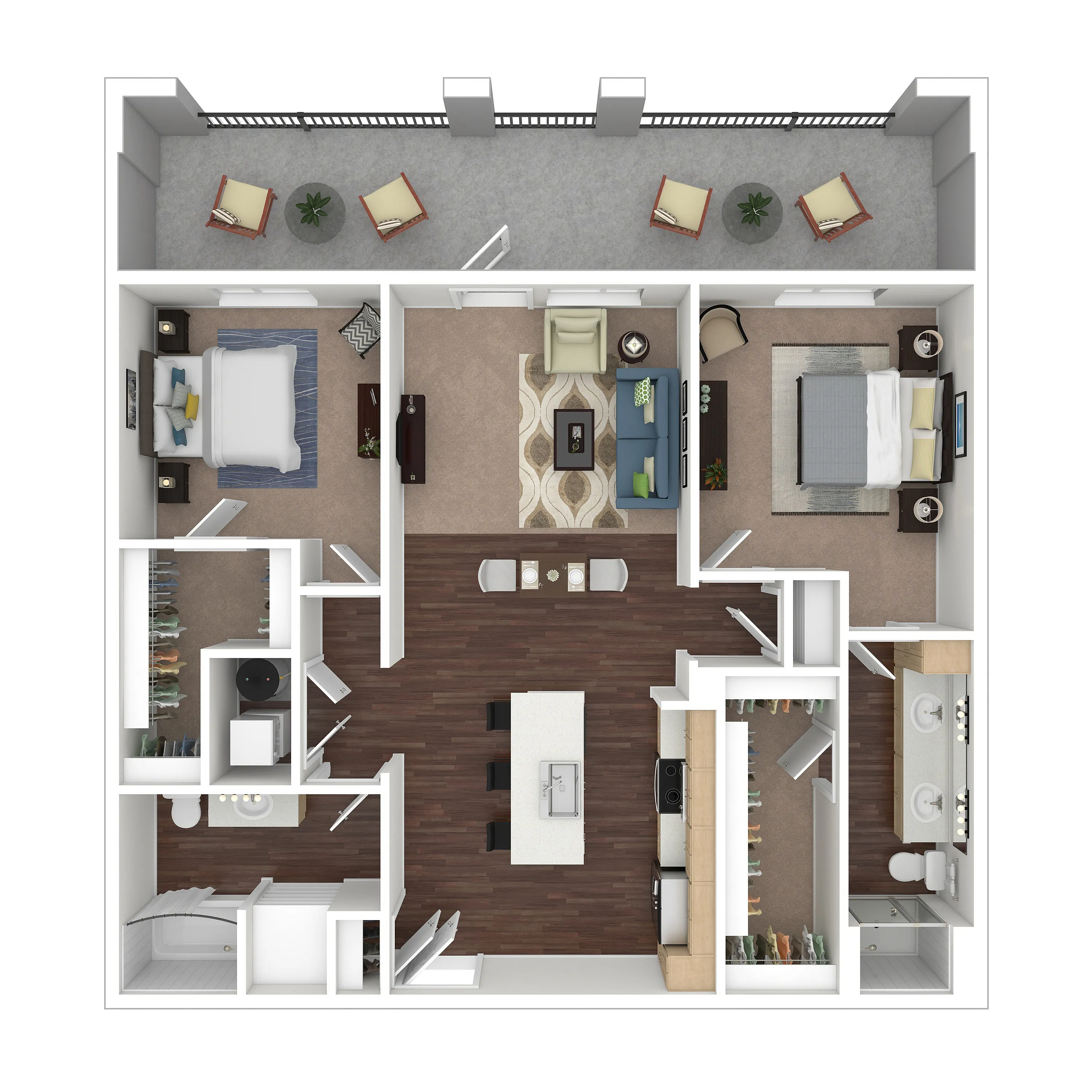 Elegant 2D floor plan showcasing 2 bedrooms, an open-concept living area, modern kitchen, and inviting balcony.