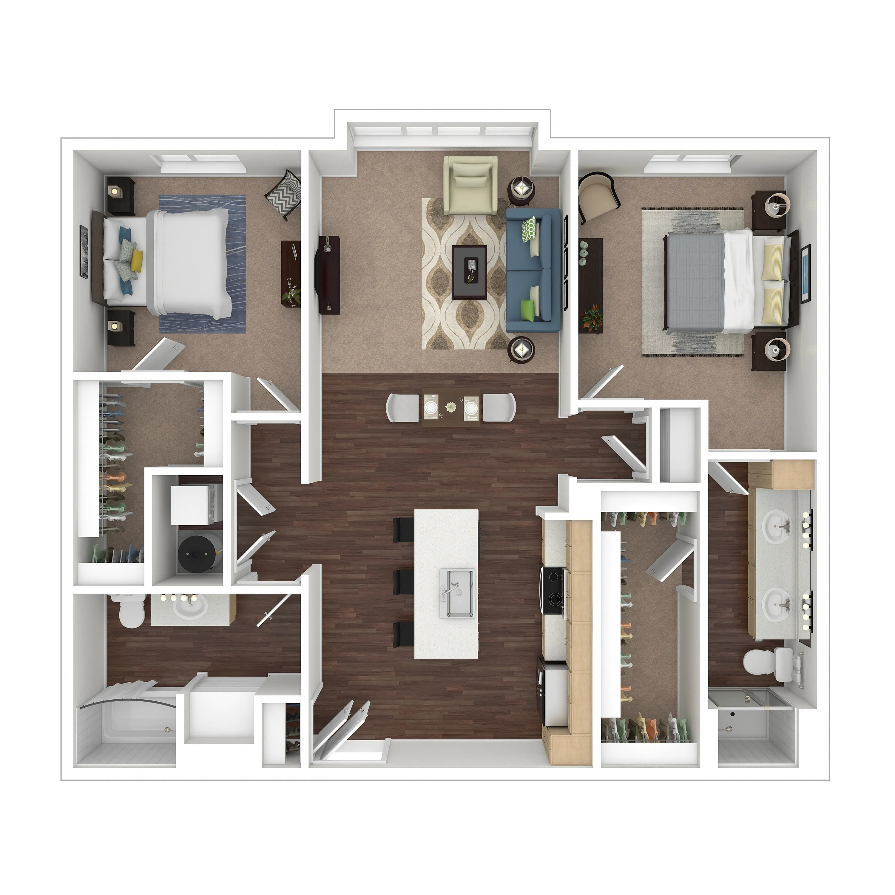 Chic 2D apartment floor plan with 2 bedrooms, a cozy living room, modern kitchen, and stylish bathroom layout.