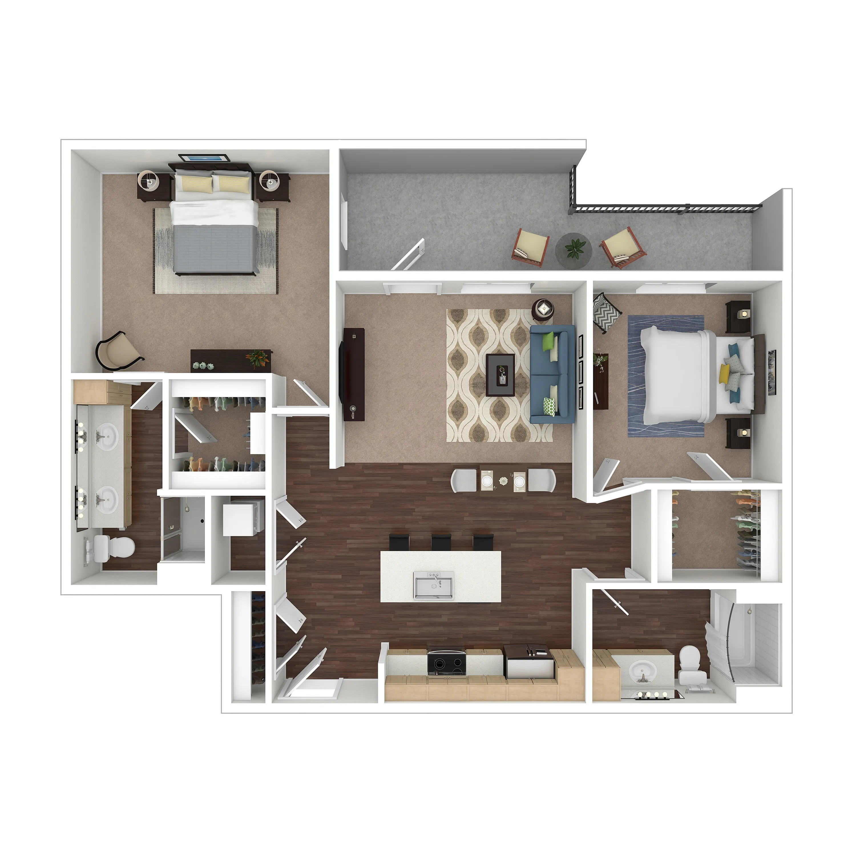 Contemporary 2D floor plan showcasing a stylish apartment with 2 bedrooms, a modern kitchen, spacious living room, and two elegant bathrooms.