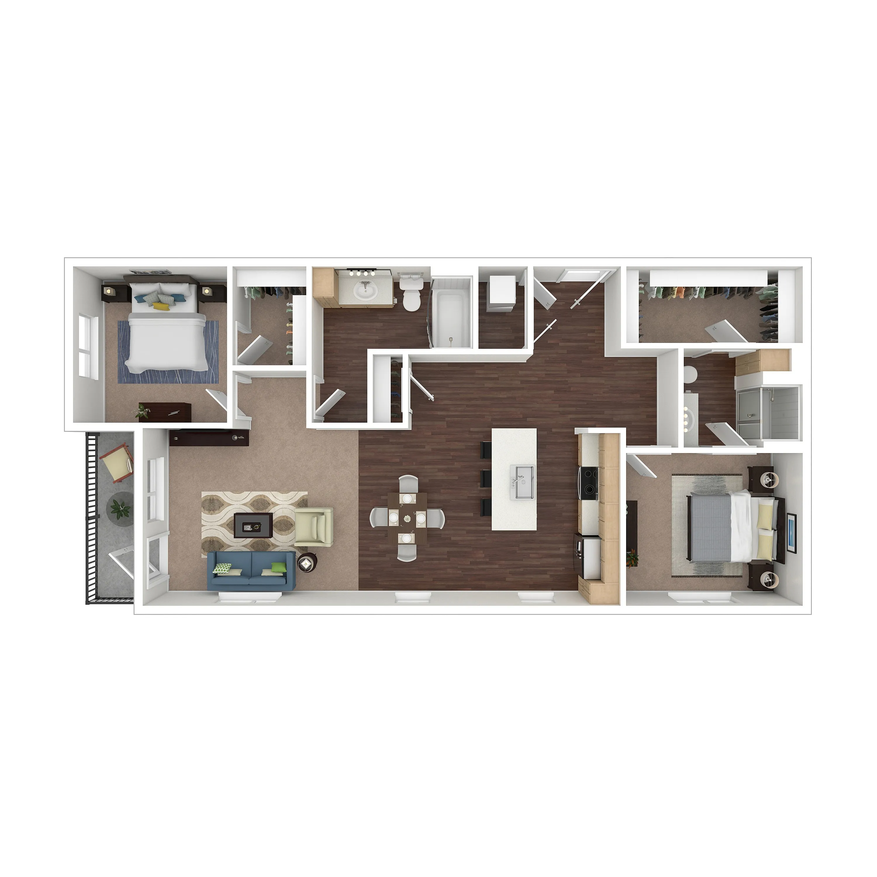 Modern 2D floor plan highlighting spacious open-concept living area, gourmet kitchen, two cozy bedrooms, and elegant bathrooms, ideal for comfortable urban living.