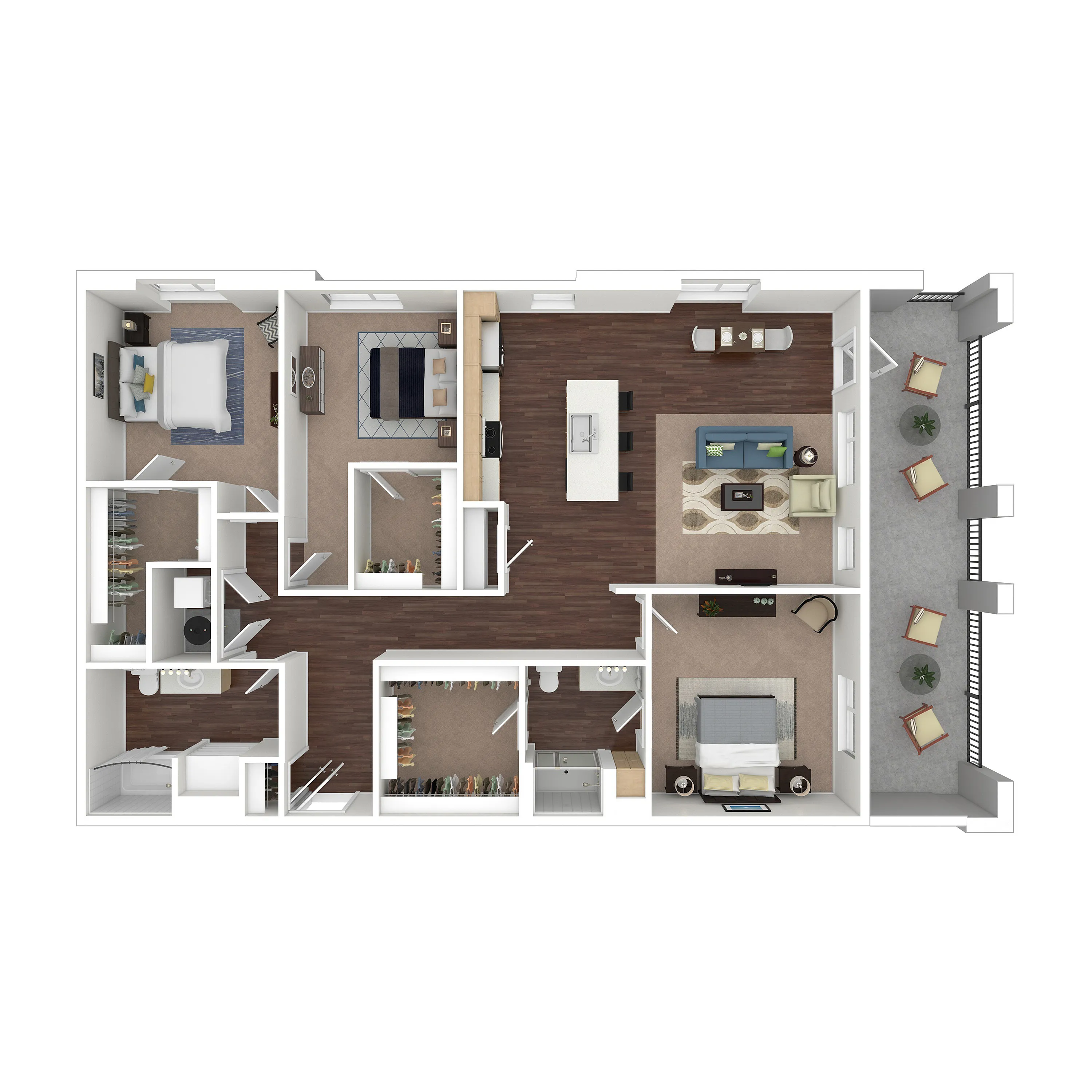 Chic 3D floor plan featuring 2 elegant bedrooms, modern kitchen with island, cozy living room, and spacious balcony, perfect for stylish living.