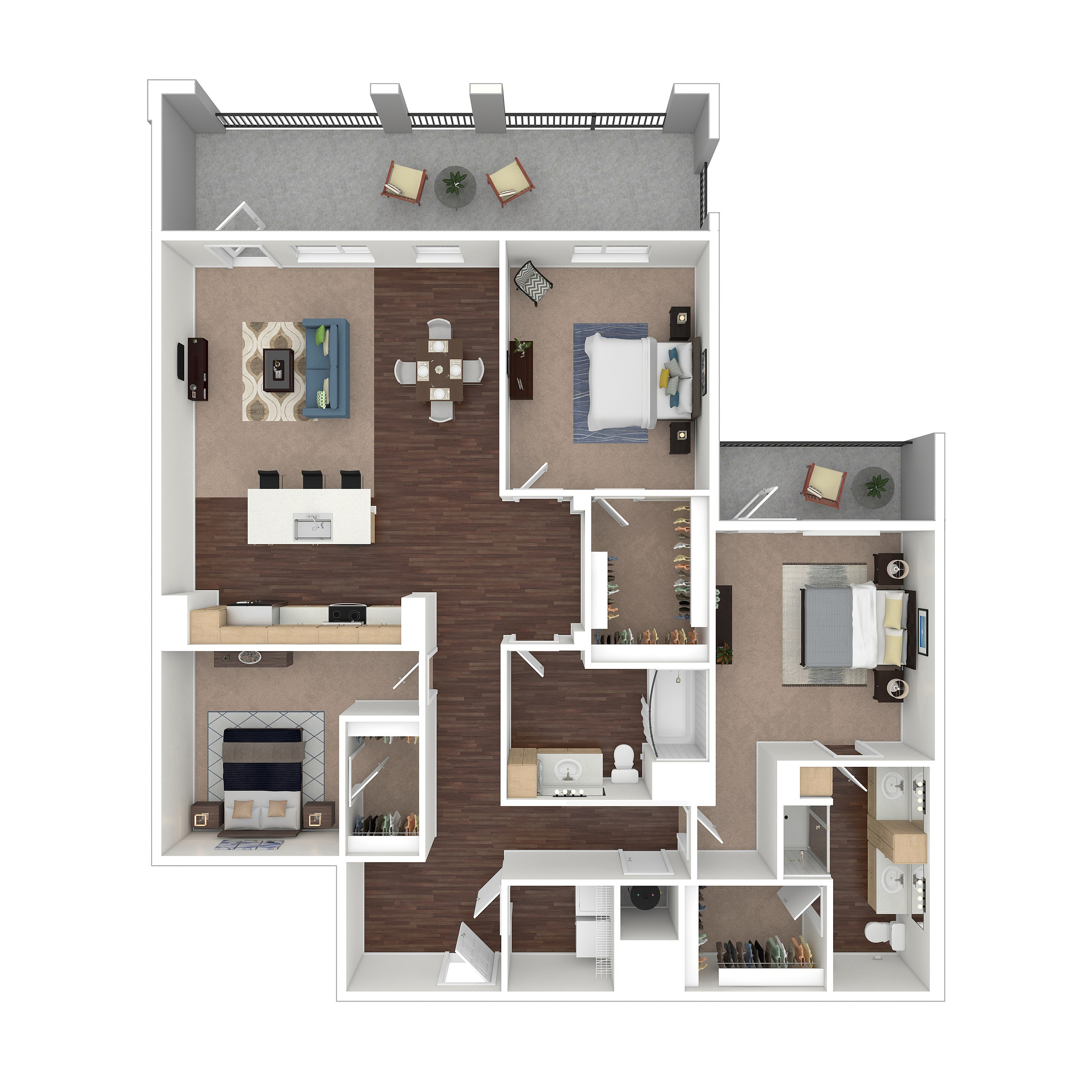 Modern 3D floor plan showcasing an inviting layout with two bedrooms, two bathrooms, open-concept living and dining area, and a spacious balcony.