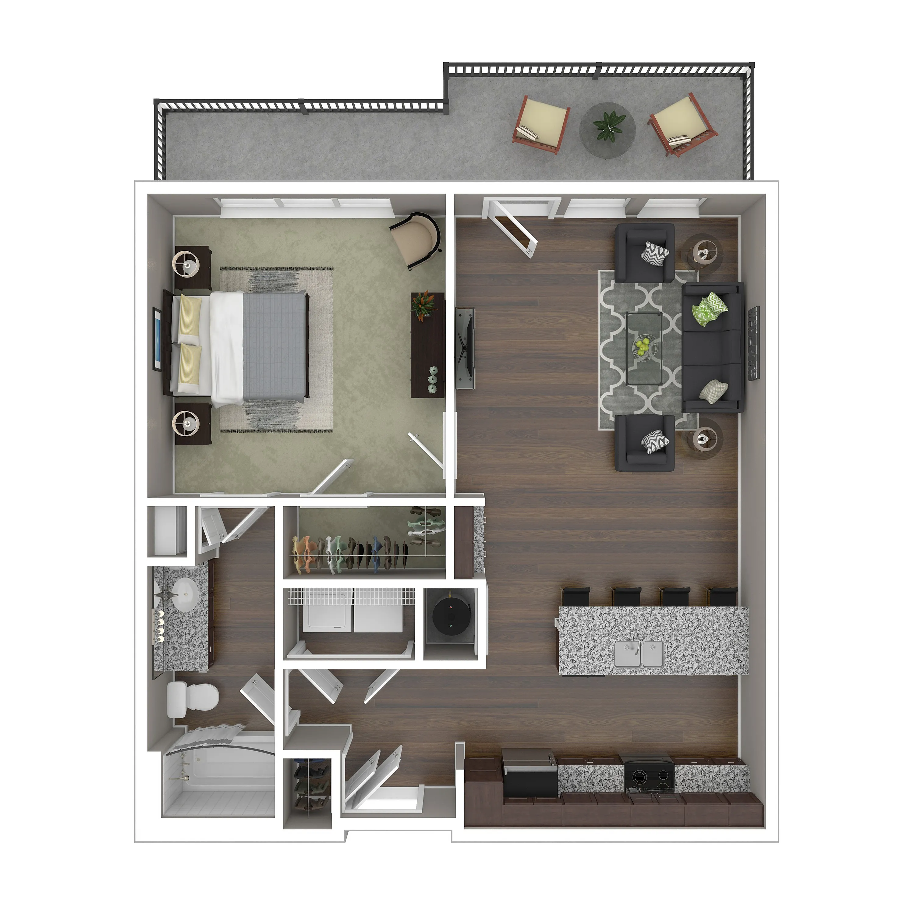 Modern floor plan showcasing a one-bedroom apartment with an open-concept living and dining area, sleek kitchen, spacious bathroom, and inviting balcony.