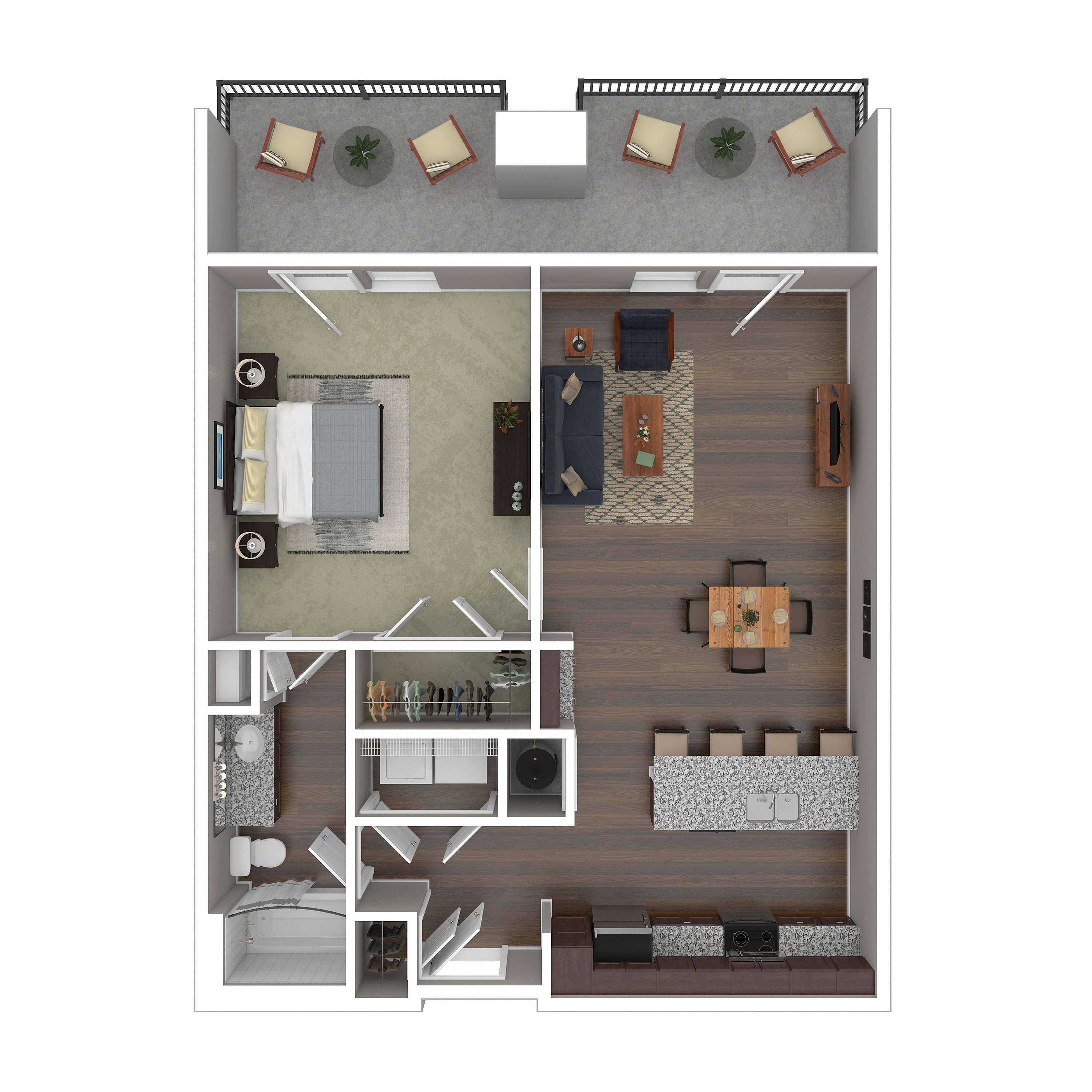 Modern 1-bedroom apartment floor plan featuring a spacious open-concept living and dining area, sleek kitchen with bar seating, and private balcony with seating.