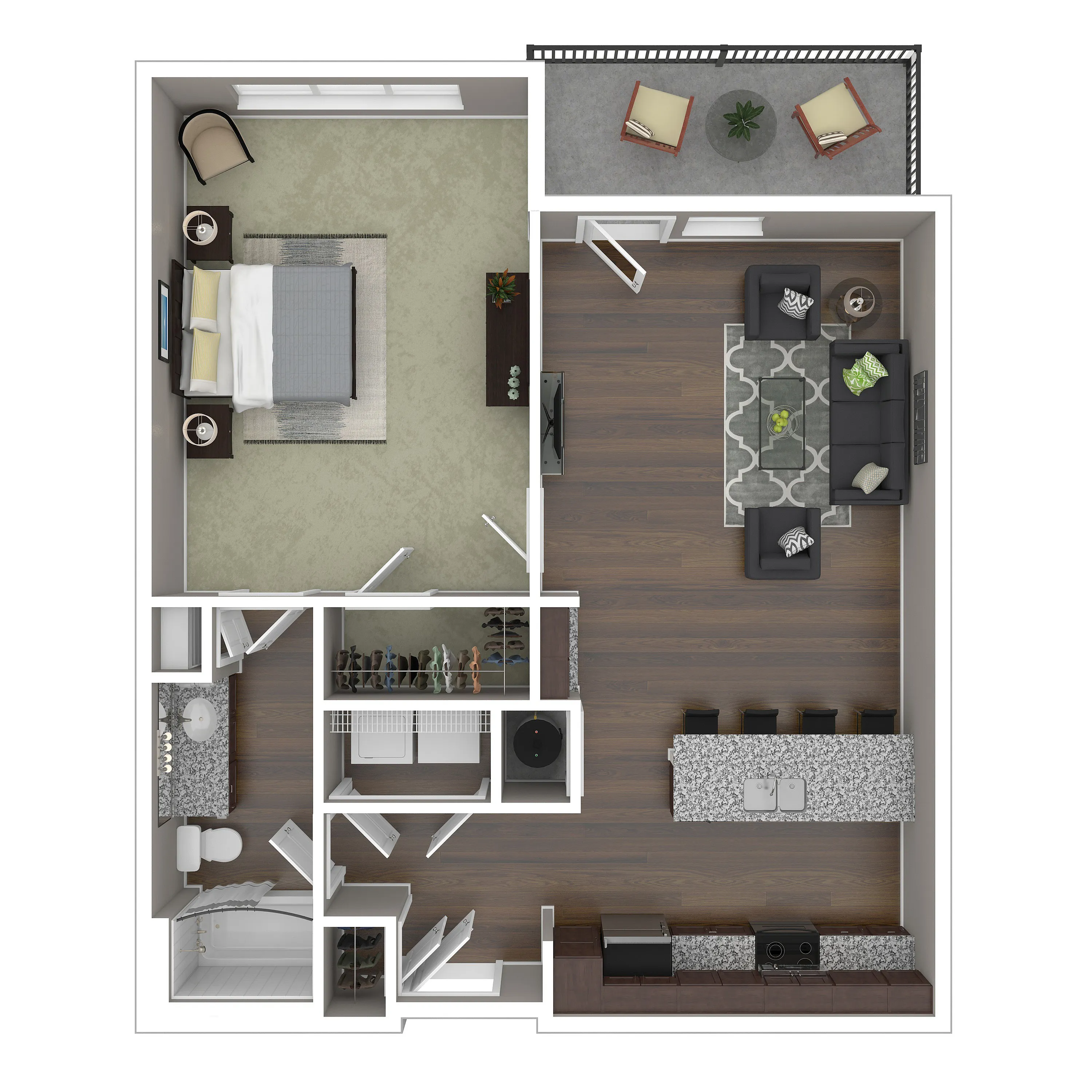 Inviting 1-bedroom apartment floor plan with spacious living area, modern kitchen, and charming balcony for relaxation.