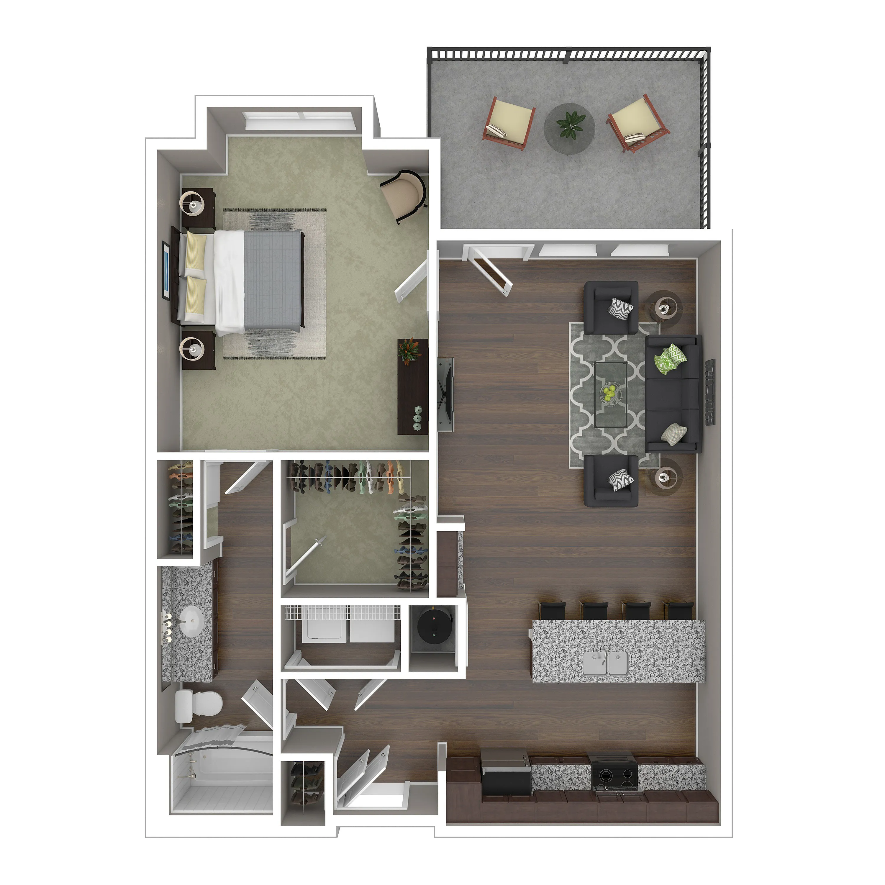 Modern open-concept floor plan featuring a cozy bedroom, stylish living area, gourmet kitchen, and private balcony.