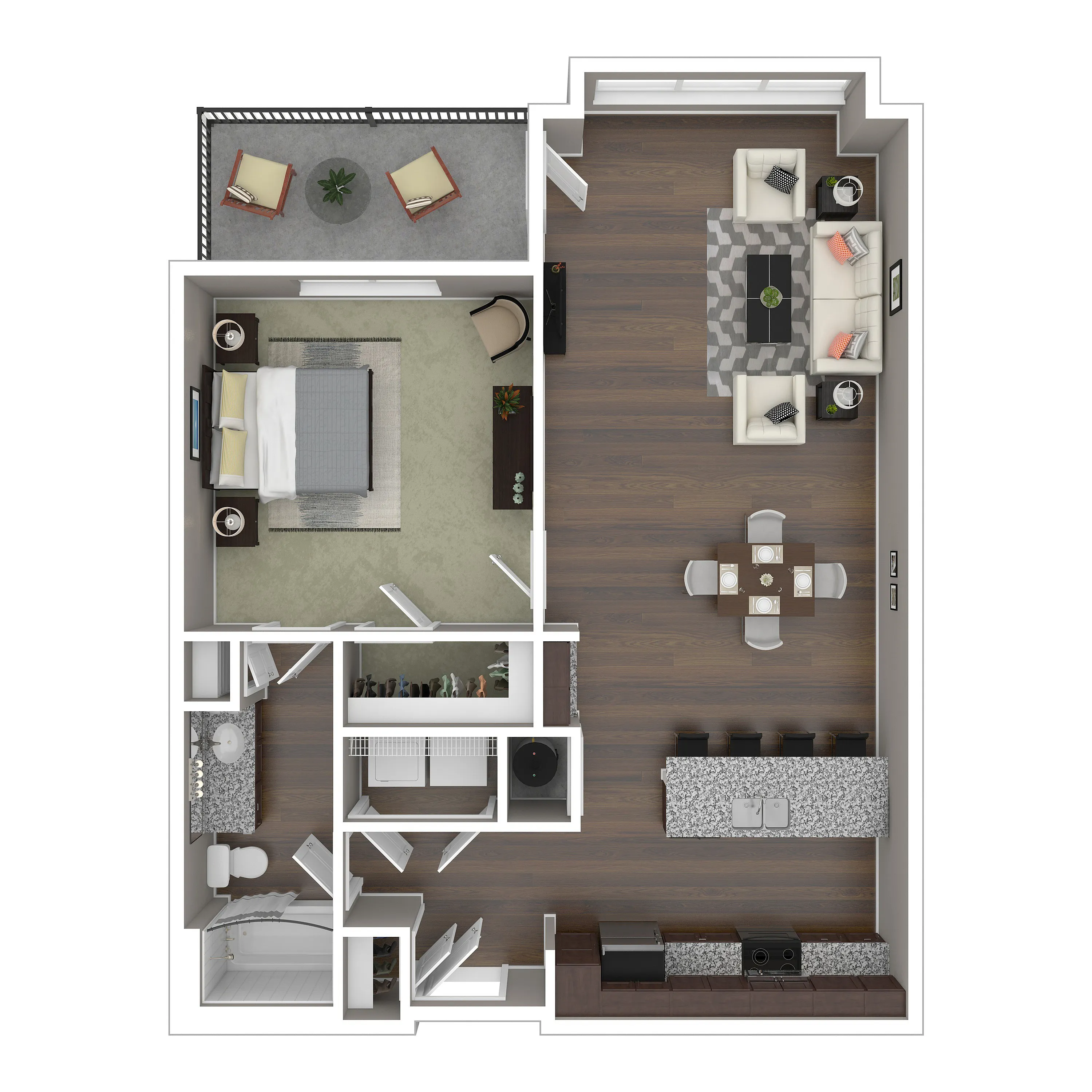 Modern floor plan showcasing a spacious 1-bedroom apartment with an open living-dining area, sleek kitchen with island seating, and a private balcony.