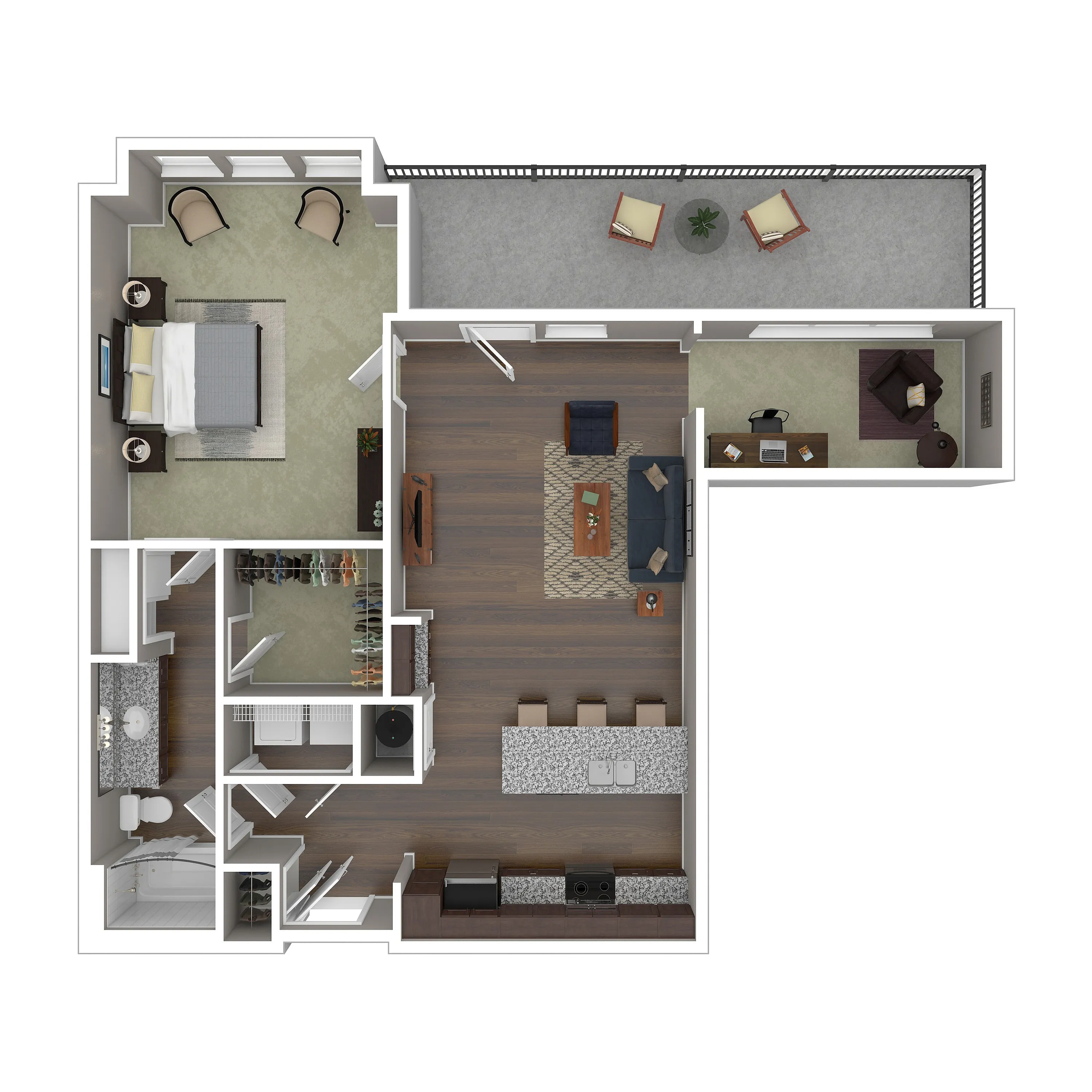 Modern 2D floor plan showcasing a spacious one-bedroom apartment with an open-concept living and dining area, stylish kitchen with island seating, and private balcony, perfect for urban living.