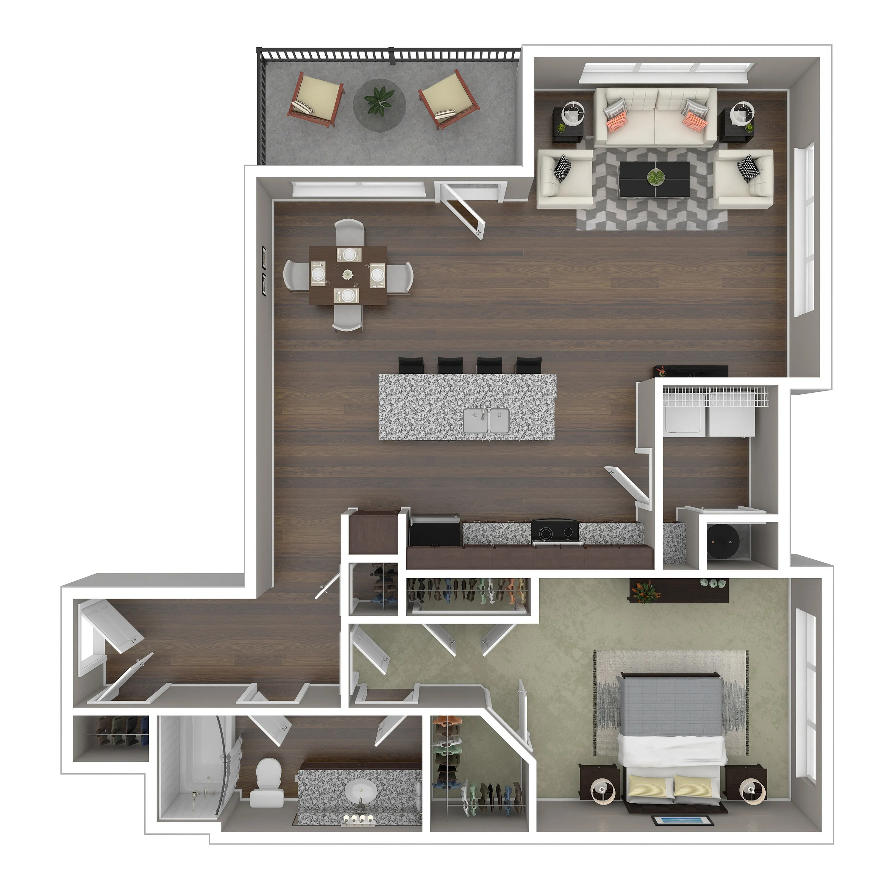 Modern 2D floor plan featuring a spacious living area, contemporary kitchen with island, cozy bedroom, and stylish balcony with seating.