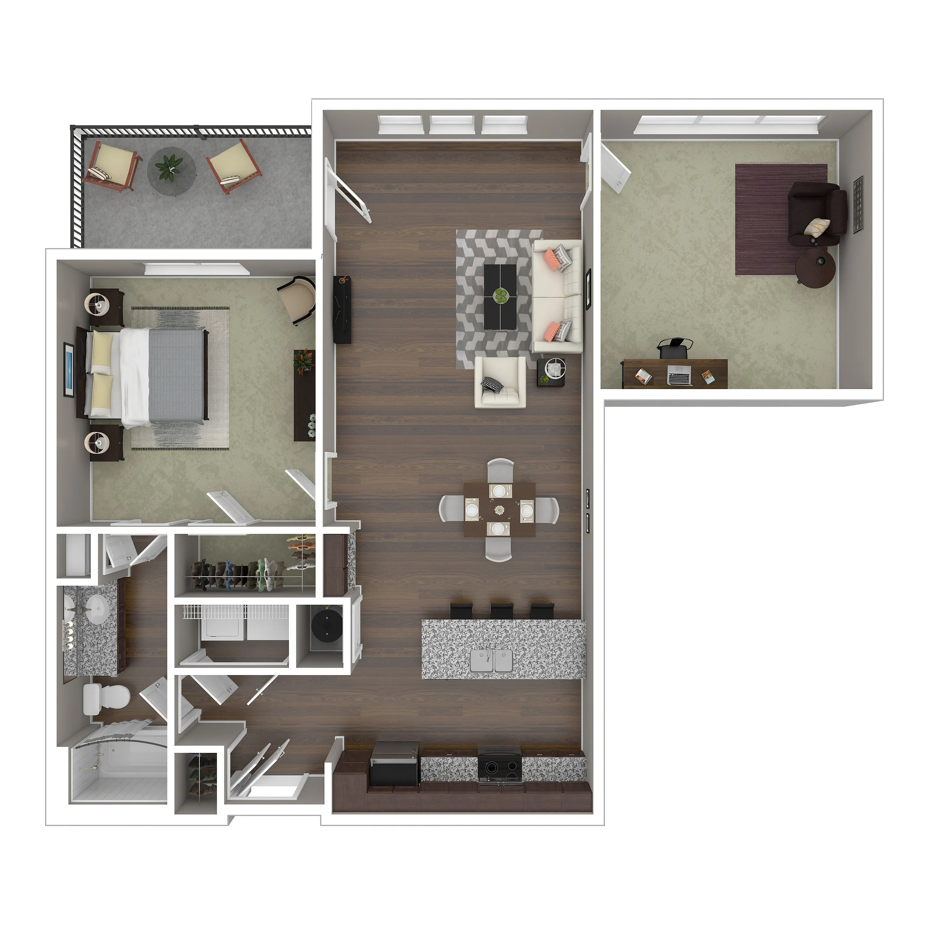 Elegant floor plan with one bedroom, spacious living area, dedicated office space, and modern kitchen. Includes a cozy balcony for outdoor relaxation.