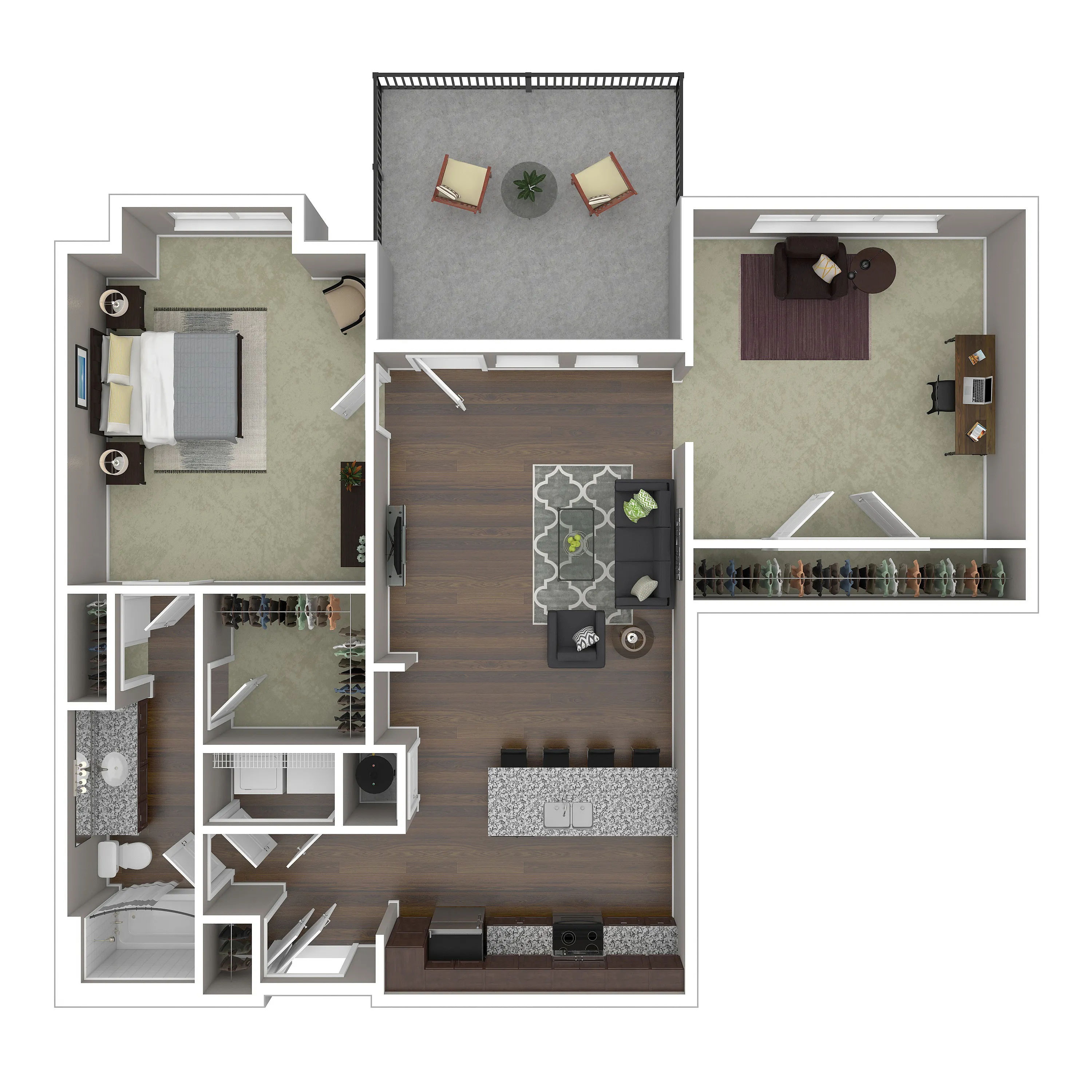 Modern apartment floor plan showcasing 1 bedroom, a home office, open kitchen with island, inviting living room, and spacious balcony.