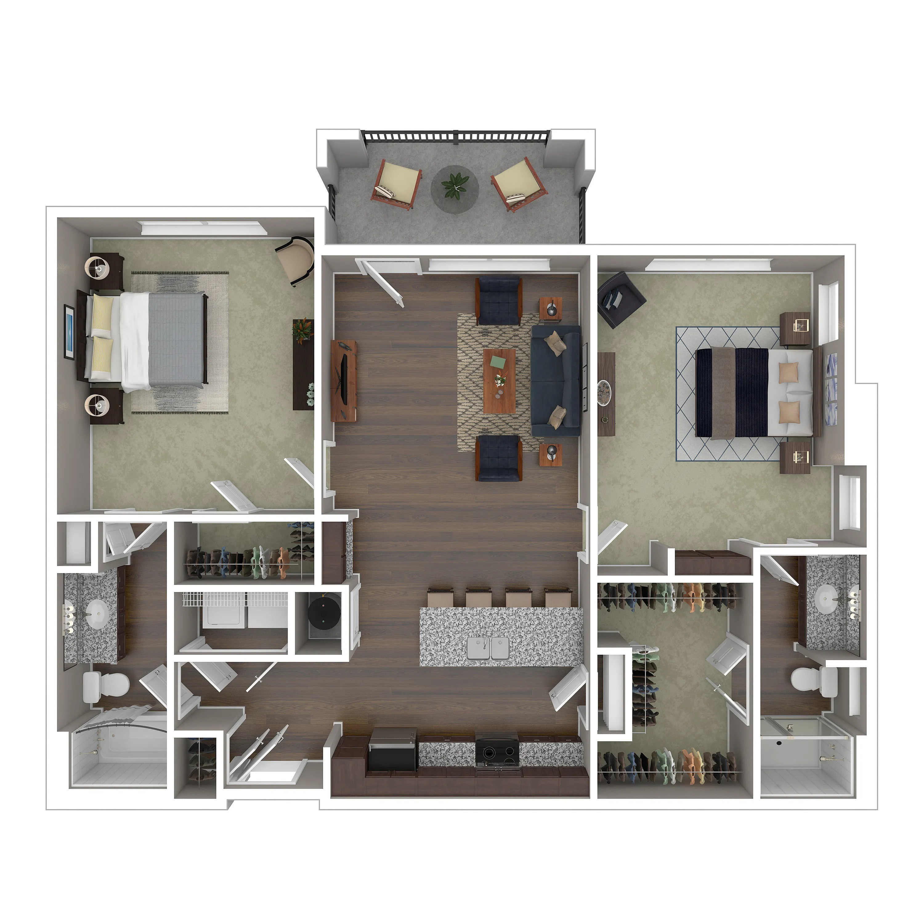 Elegant 3D floor plan showcasing 2 bedrooms, stylish open-concept living area, and modern kitchen with island. Features two bathrooms, walk-in closets, and a cozy balcony space.