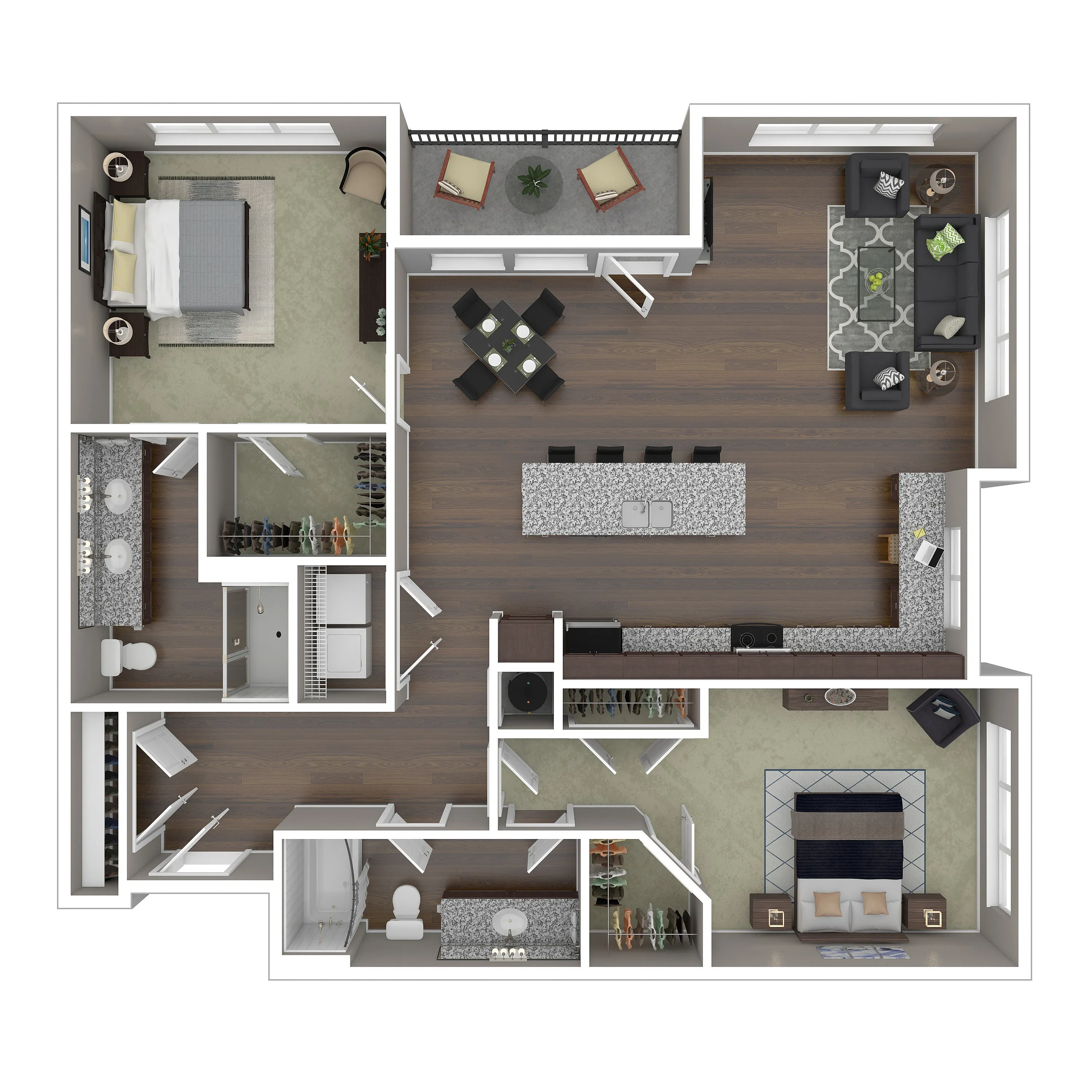 Contemporary 3D floor plan highlighting a modern apartment with two bedrooms, two elegant bathrooms, spacious open living area, and a sleek kitchen with island seating. Features a private balcony for relaxing outdoor space.