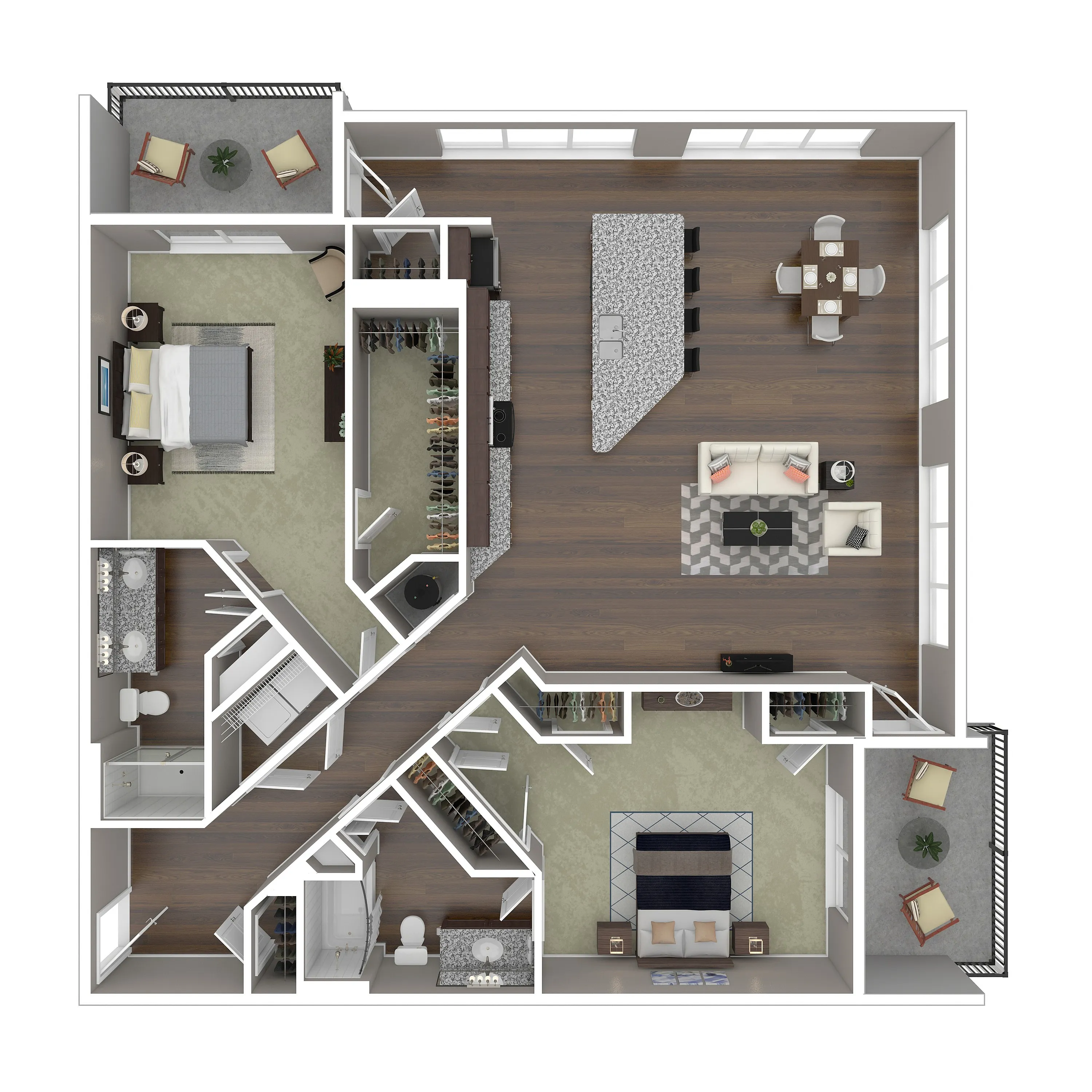 Elegant 3D floor plan showcasing two spacious bedrooms, an open living area with a modern kitchen, stylish dining room, and two luxurious bathrooms. Includes two balconies for outdoor relaxation.