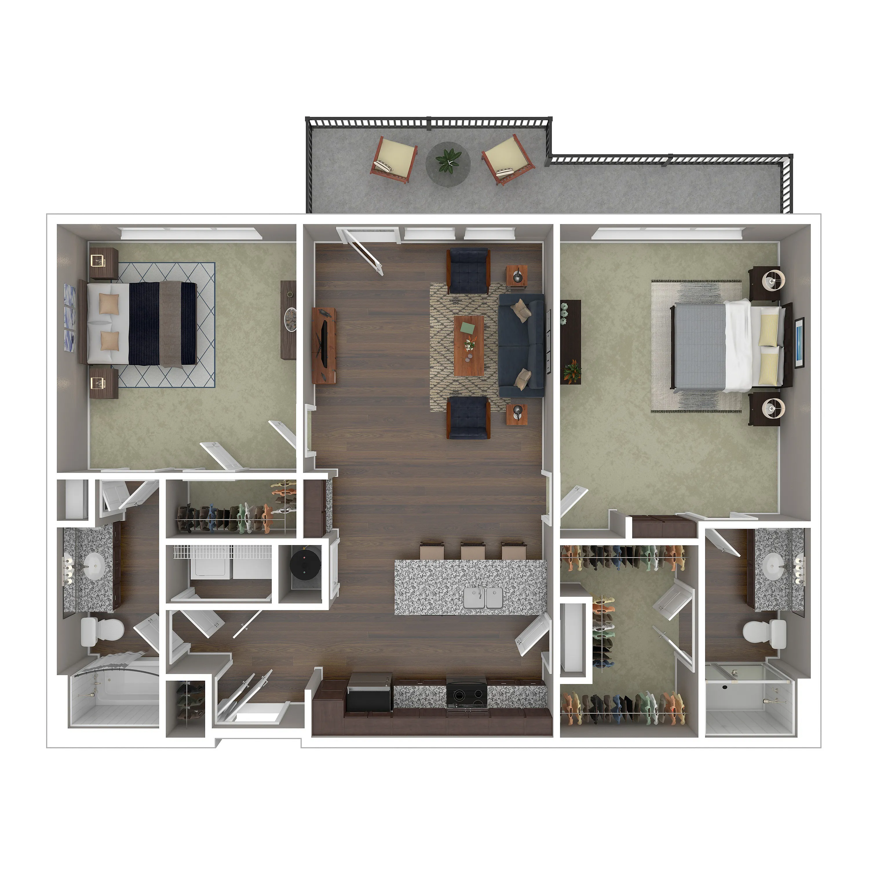 Modern apartment floor plan featuring 2 spacious bedrooms, open-concept living area, sleek kitchen with island, and two stylish bathrooms, complemented by a cozy balcony.