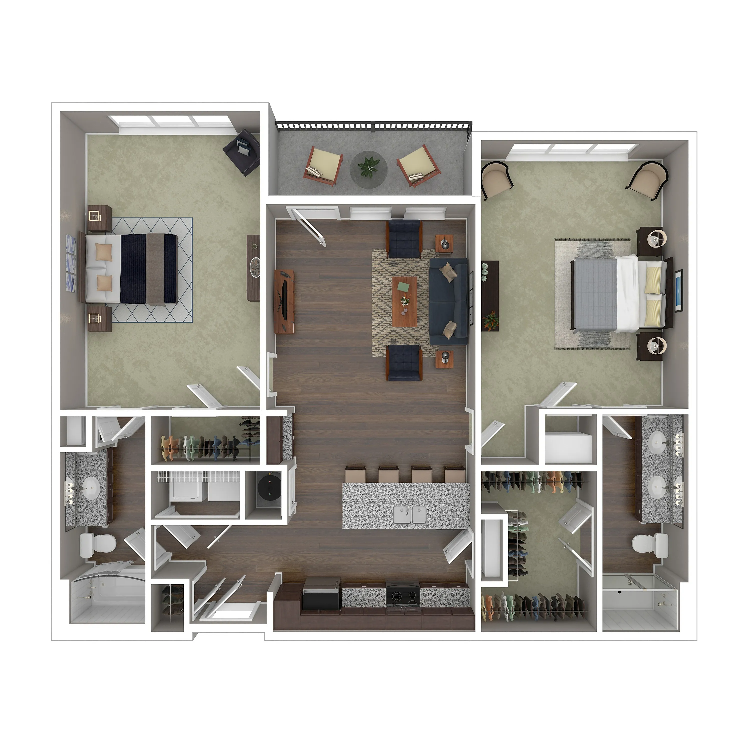 Modern 3D floor plan featuring two spacious bedrooms, an open-concept living area with stylish furnishings, a sleek kitchen with an island, and two elegant bathrooms. Includes a cozy balcony with seating.