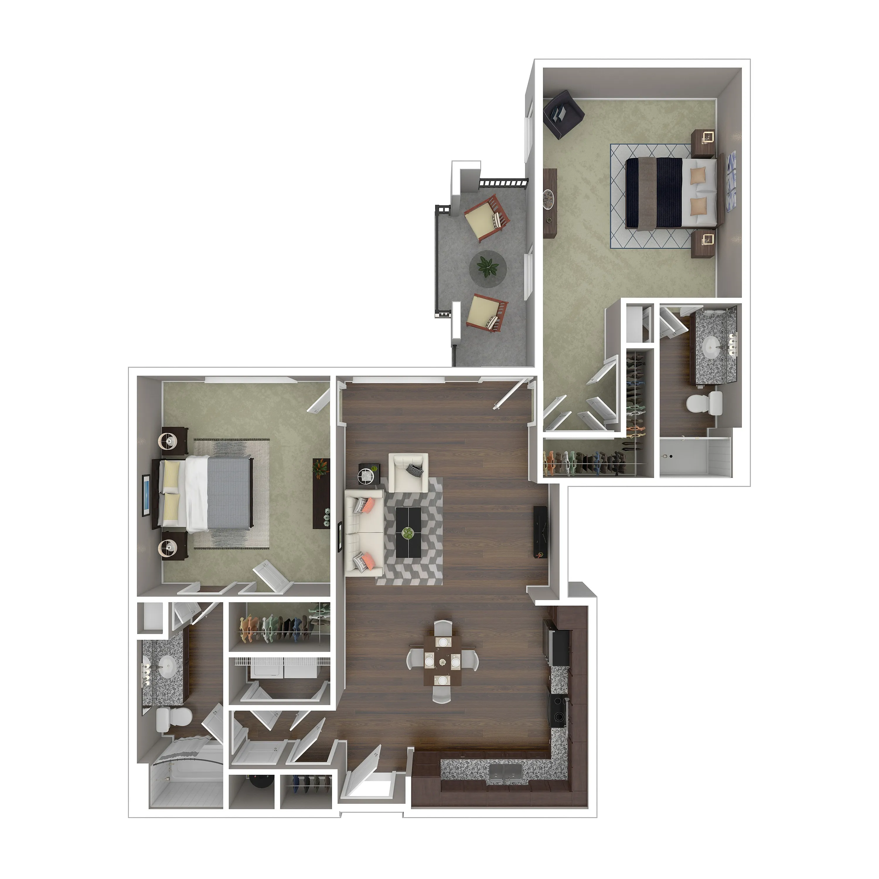Modern apartment floor plan showcasing 2 bedrooms, 2 bathrooms, a spacious living area, and a sleek kitchen, complete with a cozy balcony for relaxation.