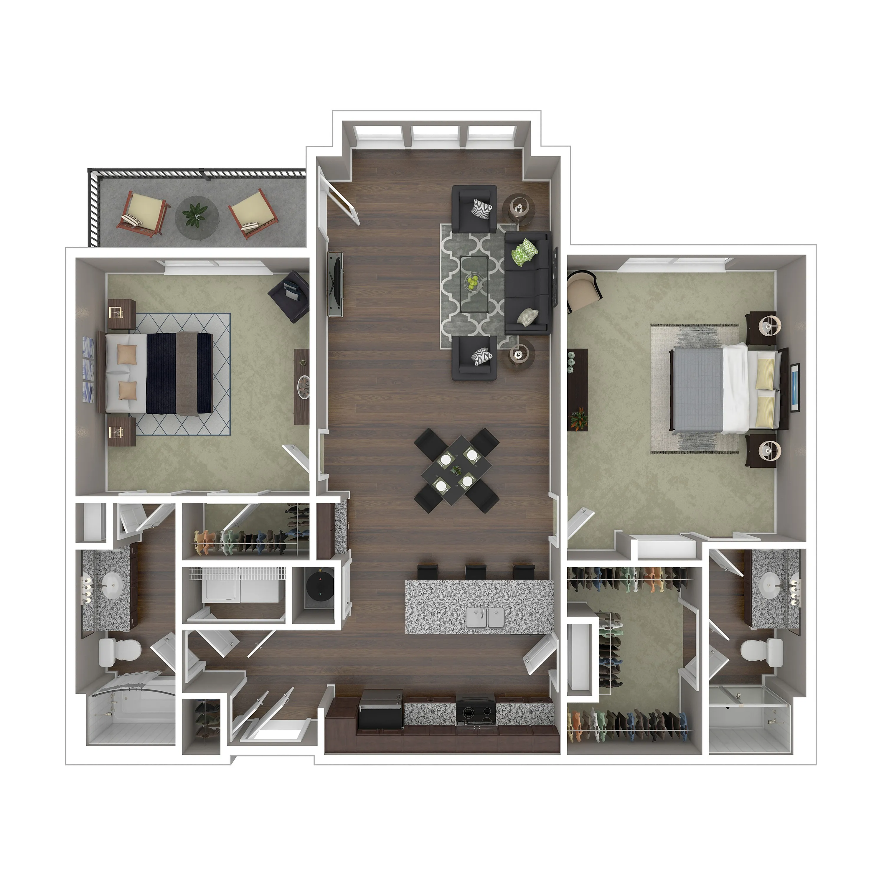 Modern 2D floor plan showcasing 2 bedrooms, spacious living area, and open kitchen with stylish island. Includes two bathrooms and elegant balcony seating area.