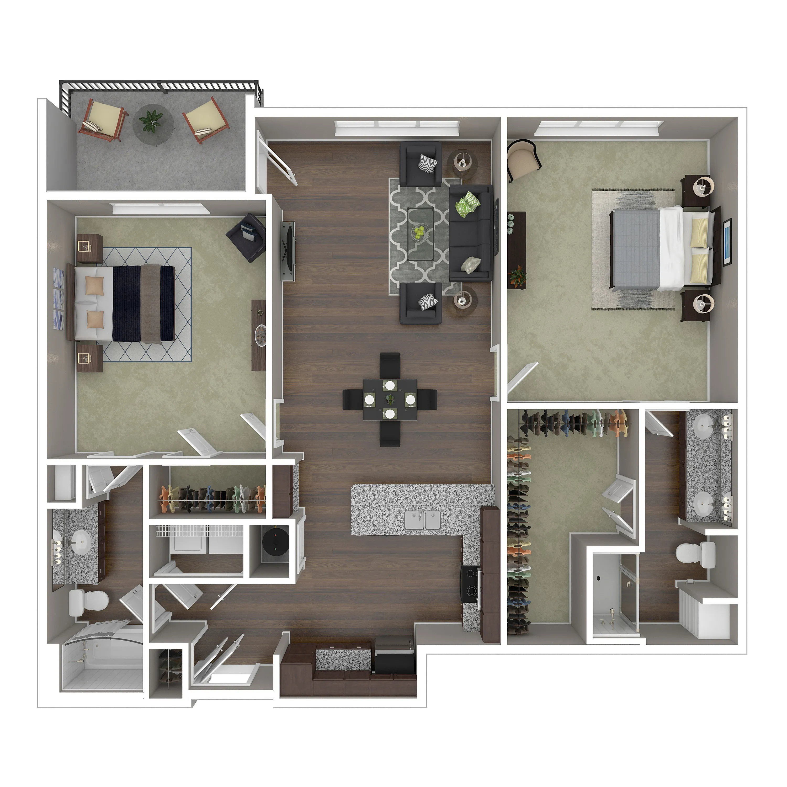 Modern 2D floor plan showcasing a spacious apartment with two bedrooms, an elegant open-plan living and dining area, stylish kitchen, and private balcony.