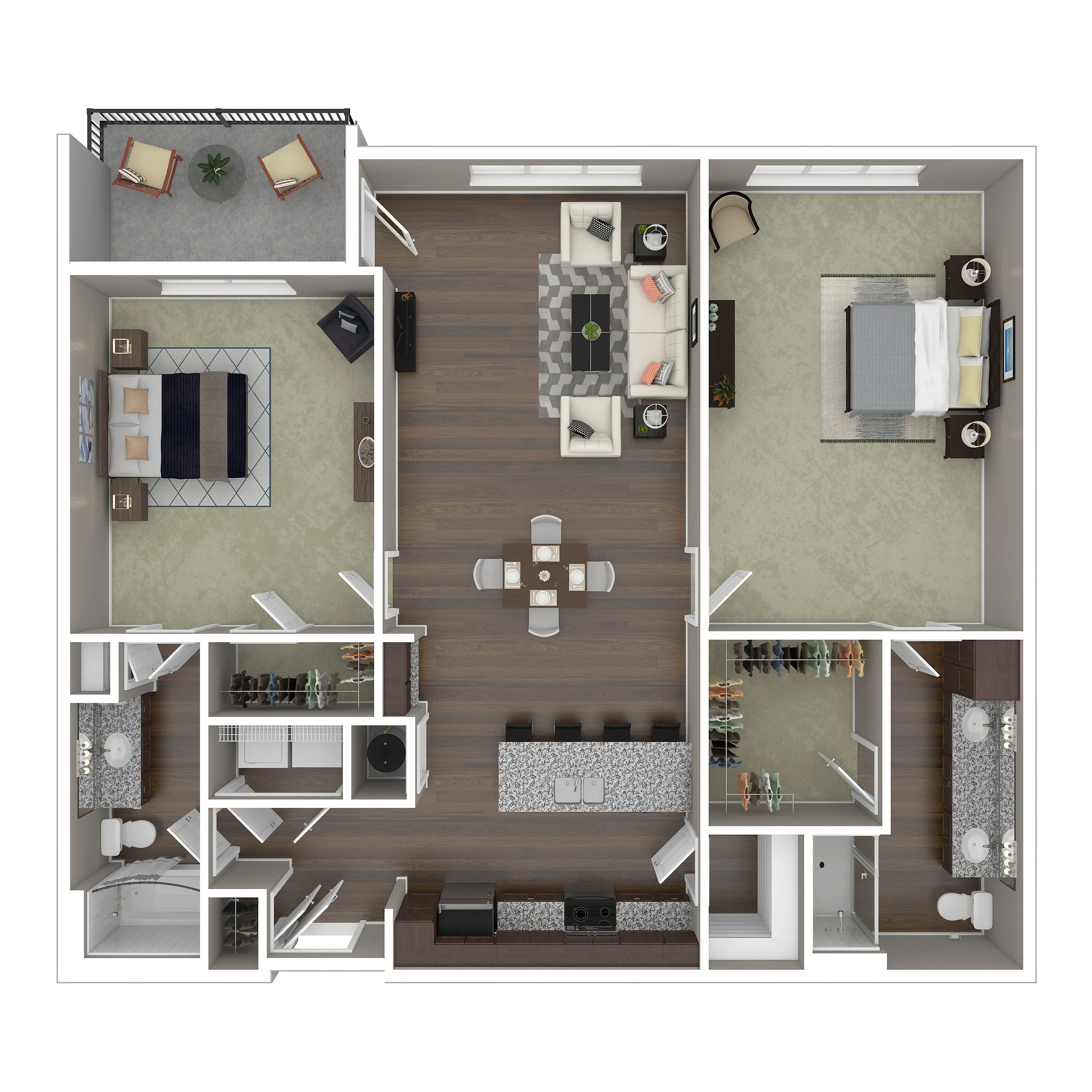 Elegant 2D floor plan featuring two spacious bedrooms, a sleek kitchen with a breakfast bar, a cozy living room, and a private balcony for relaxation.