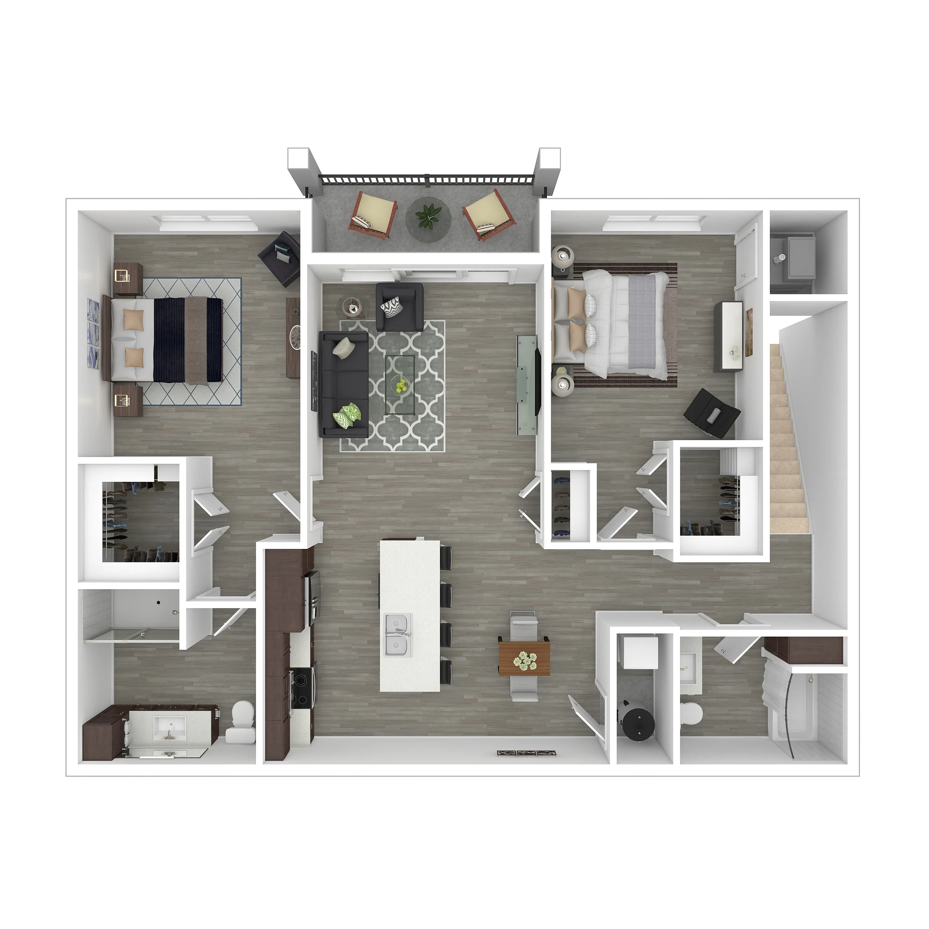 Modern open-concept floor plan featuring two bedrooms, a spacious living area, stylish kitchen, and a cozy balcony.