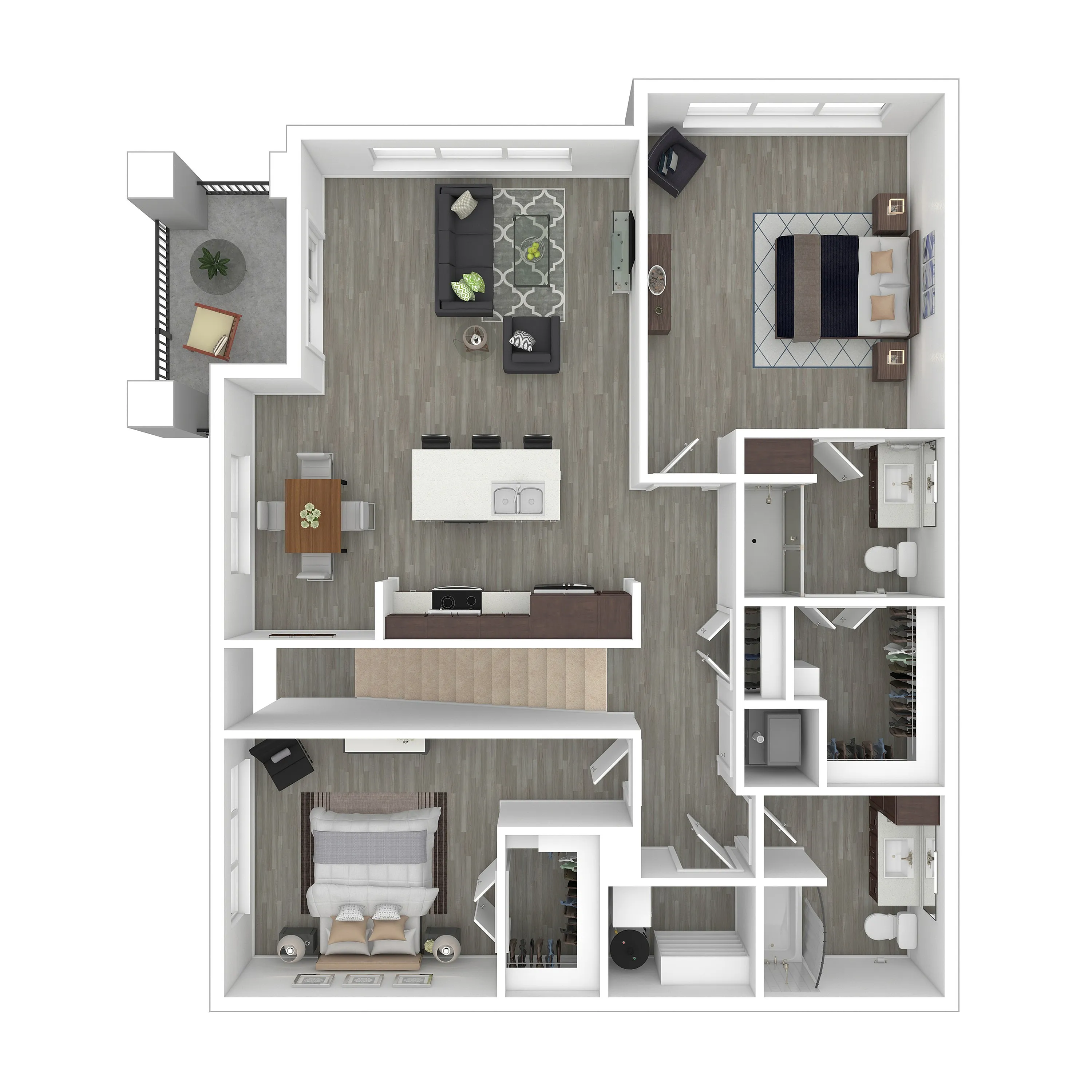 Modern 3D floor plan showcasing a spacious two-bedroom apartment with an open-concept kitchen and living area, stylish balcony, and elegant bathrooms.