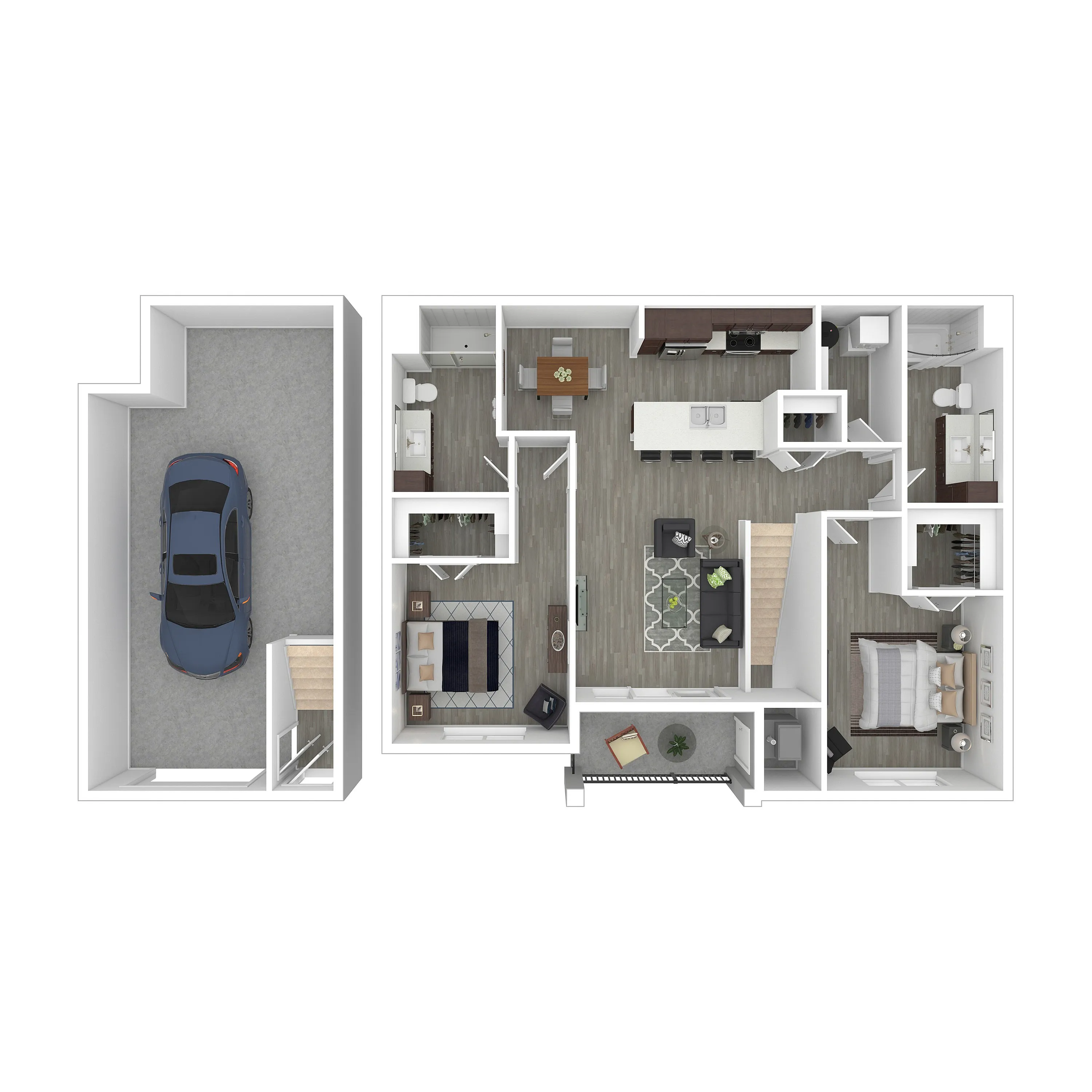 Modern floor plan showcasing an elegant apartment with 2 bedrooms, 2 bathrooms, a spacious kitchen, a cozy living room, and an attached garage.