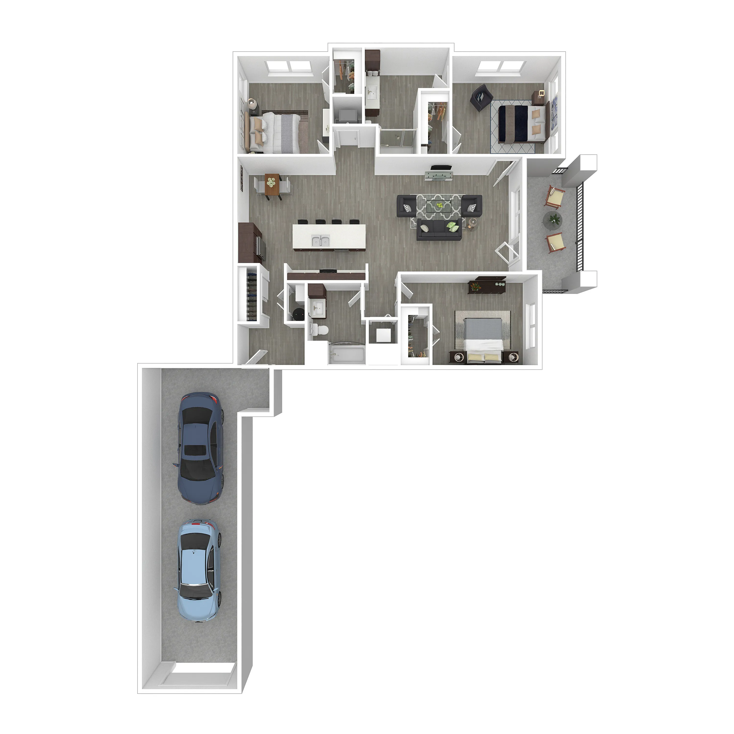 Modern floor plan showcasing an open-concept design with 2 bedrooms, 2 bathrooms, a stylish kitchen, cozy living area, and a two-car garage.