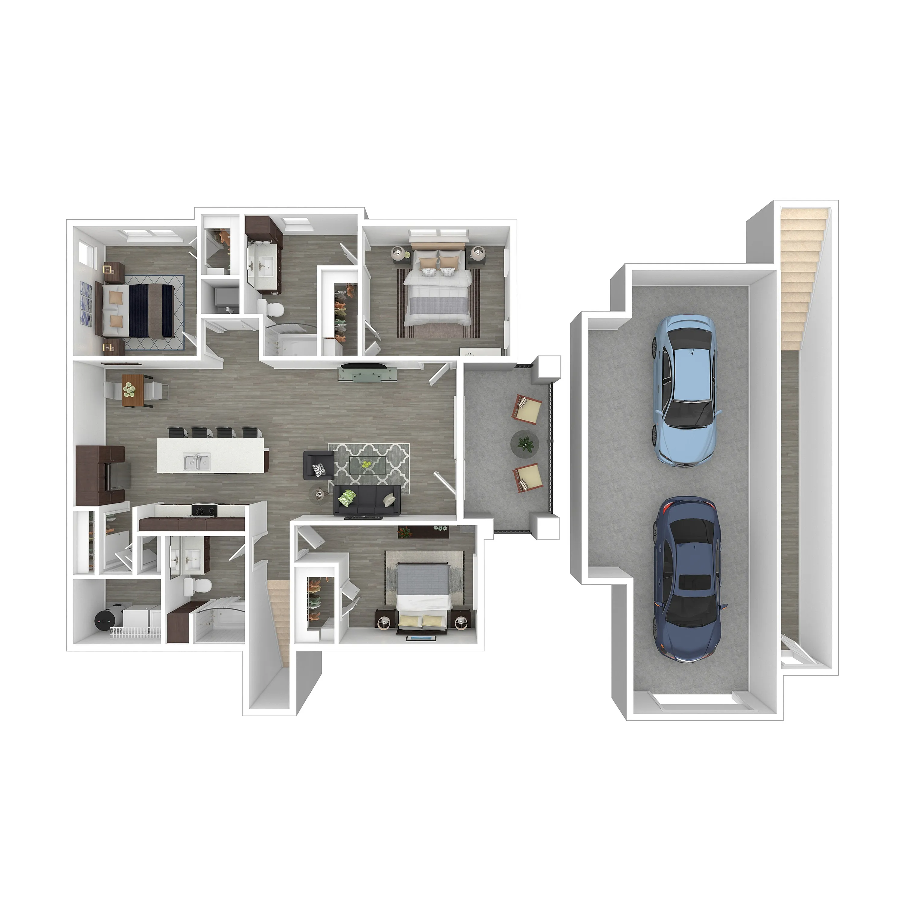 Modern floor plan showcasing 3 bedrooms, open kitchen with island, cozy living room, and a convenient two-car garage.