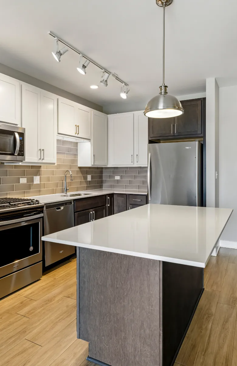 Modern kitchen with sleek stainless steel appliances, elegant cabinetry, and a polished countertop island, ideal for culinary enthusiasts.