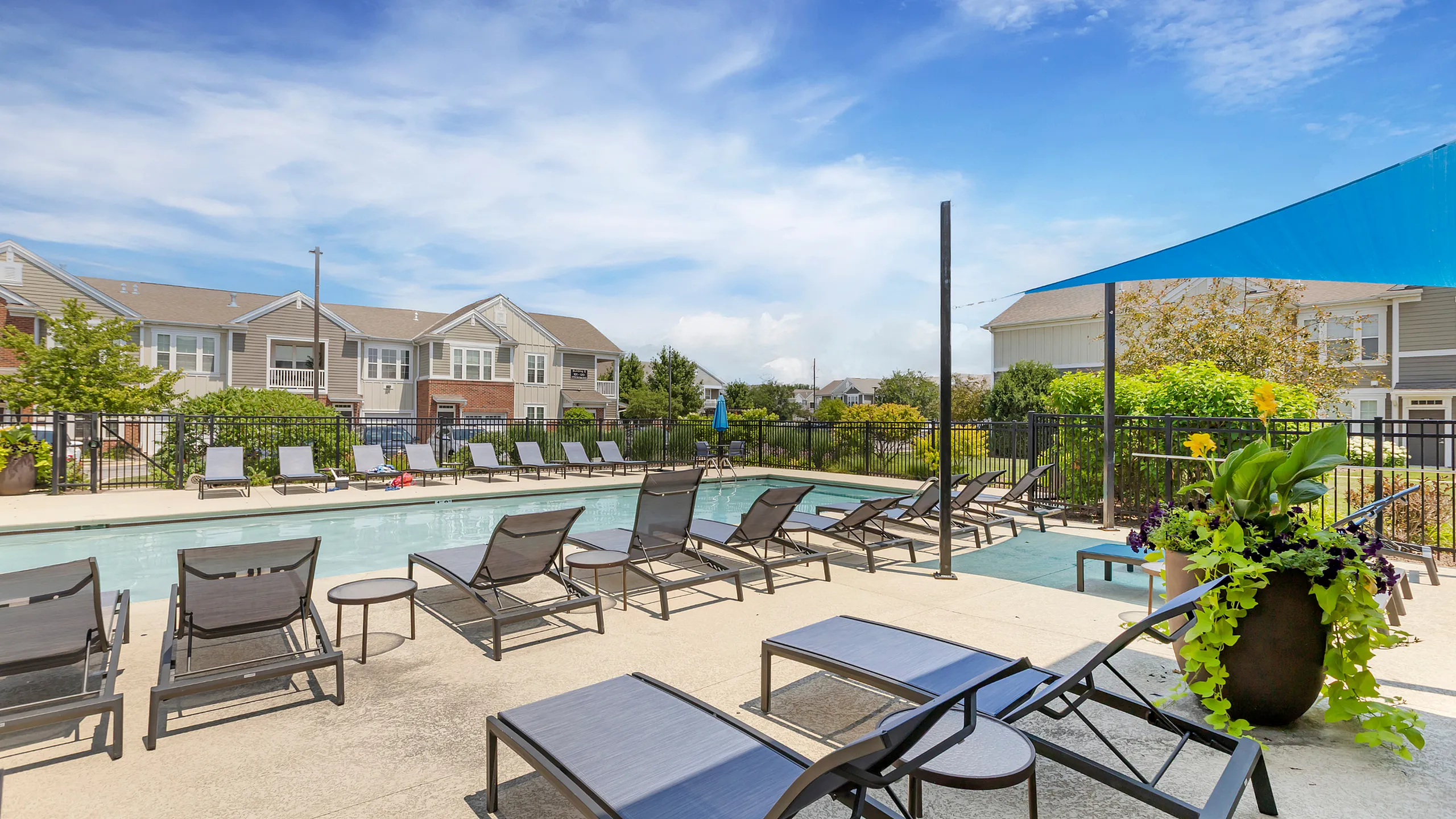Inviting apartment community pool with modern sun loungers and vibrant landscaping under a clear blue sky.