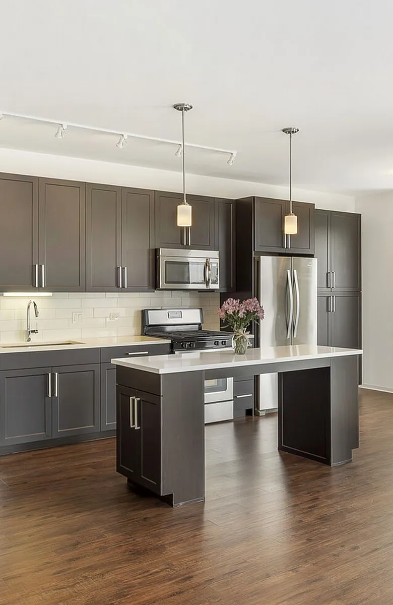 Modern kitchen with sleek dark wood cabinets, stainless steel appliances, elegant pendant lighting, and a stylish island.