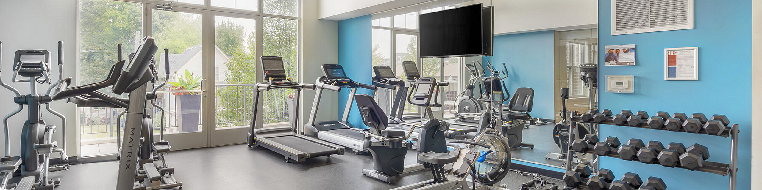 Modern fitness center with large windows, equipped with treadmills, elliptical machines, and a free weights rack, offering a bright and inviting workout space.