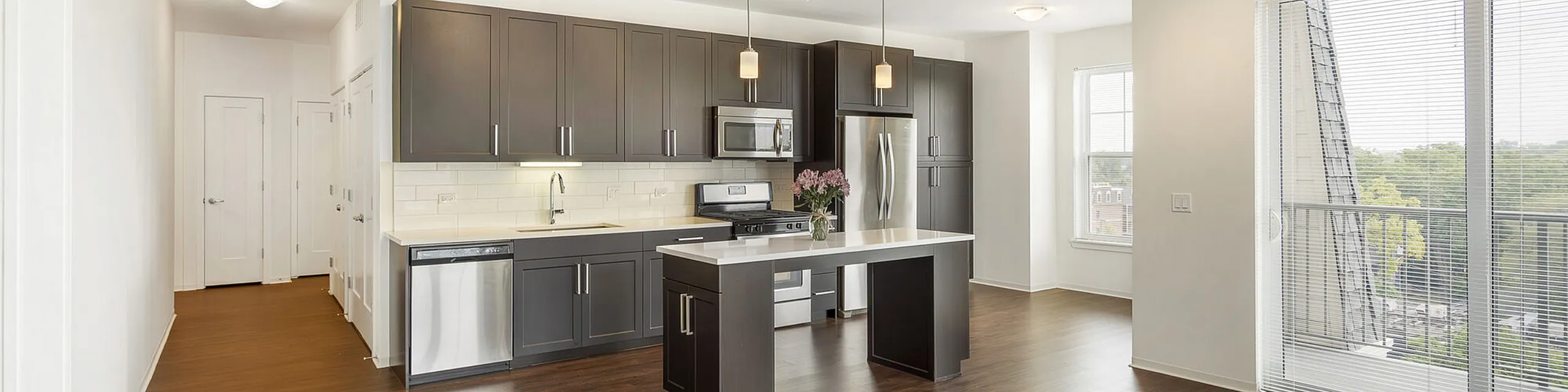 Sleek, modern kitchen with dark cabinetry, stainless steel appliances, and a bright open layout, featuring large windows and hardwood floors.