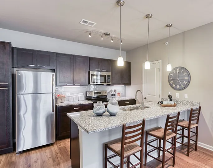 Elegant modern kitchen featuring granite countertops, stainless steel appliances, and stylish pendant lighting with dark wood cabinetry.