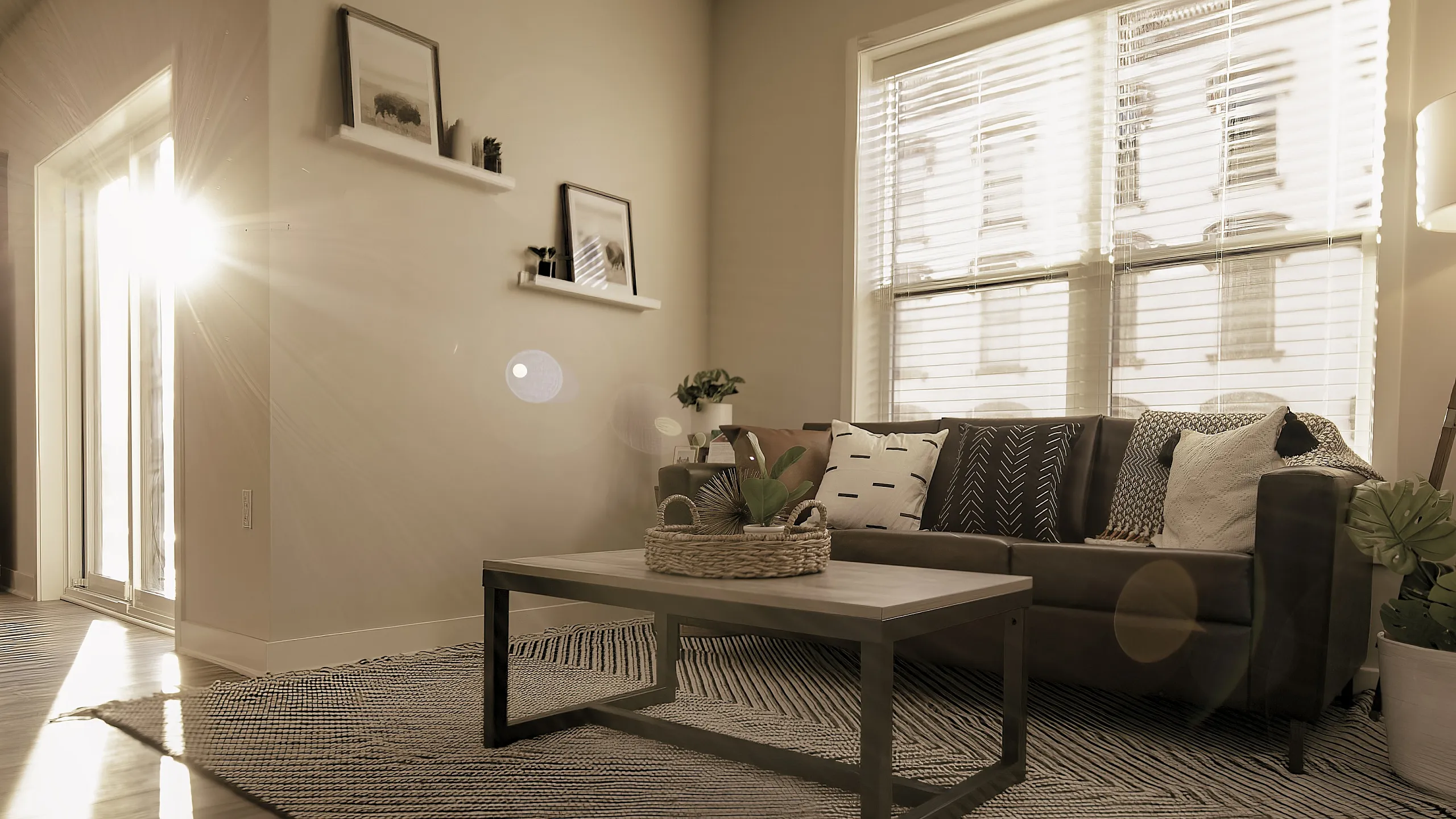 Cozy and inviting living room with natural light, comfortable sofa, stylish decor, and a modern floor lamp.