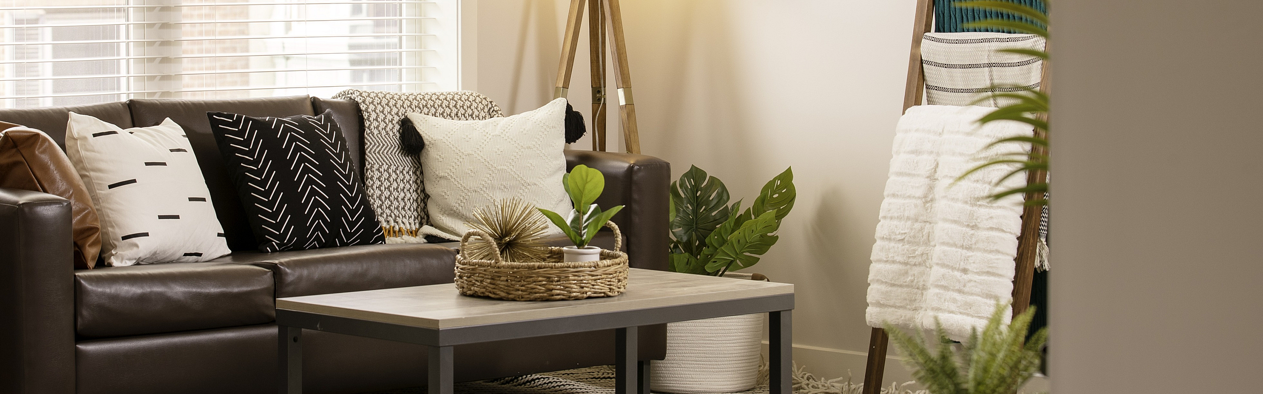 Cozy modern living room with stylish decor, featuring a sleek dark sofa adorned with artistic cushions, a minimalist coffee table, and warm ambient lighting.